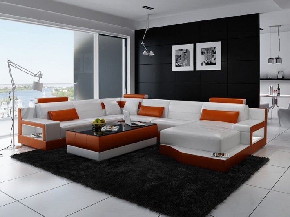 JVmoebel Ecksofa, Ecksofa Sofa Wohnlandschaft U Form Polster Couch Ledersofa Leder Weiß/Orange | Ecksofas