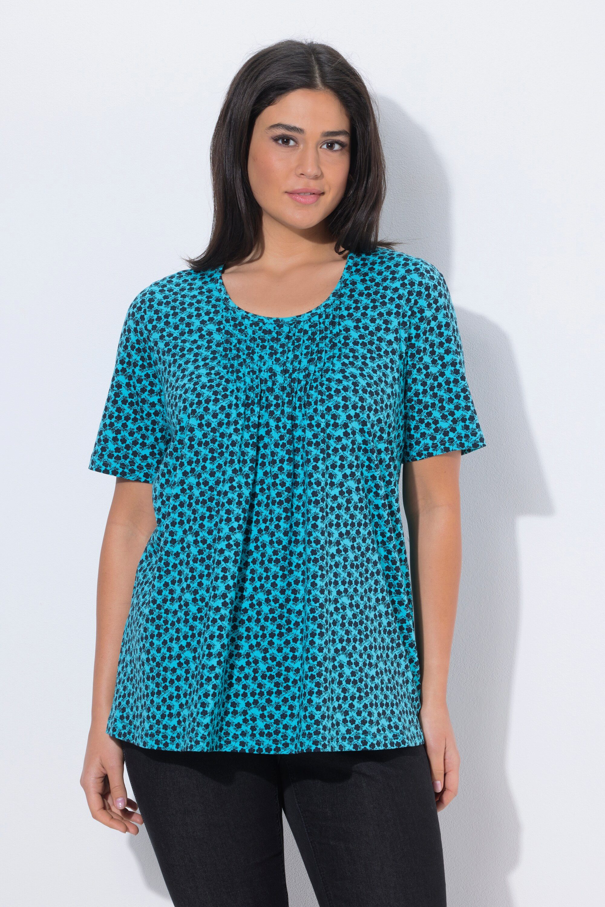 Ulla Popken T-Shirt T-Shirt A-Linie Zierfalten Rundhals Halbarm