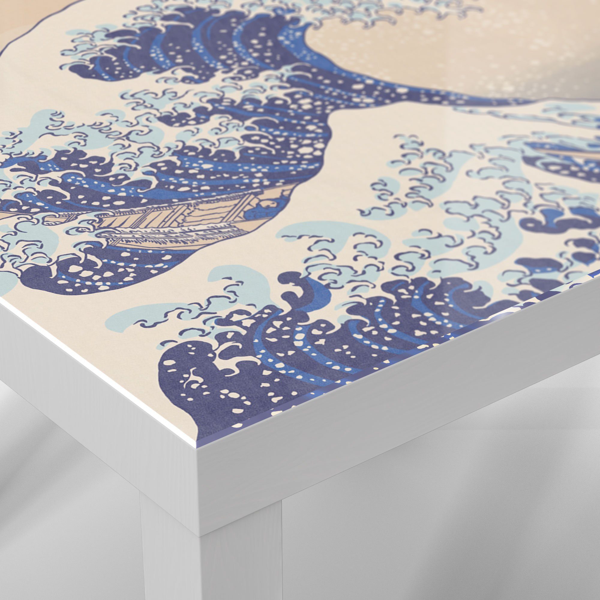 DEQORI Beistelltisch Kanagawa', Couchtisch vor 'Große Glastisch Welle Weiß modern Glas