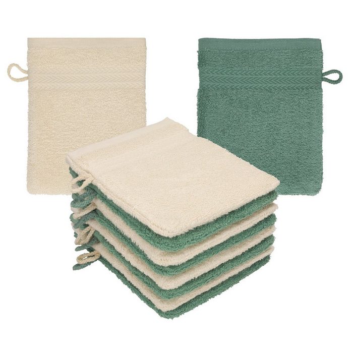 Betz Waschhandschuh 10 Stück Waschhandschuhe Premium 100% Baumwolle Waschlappen Set 16x21 cm Farbe Sand - tannengrün