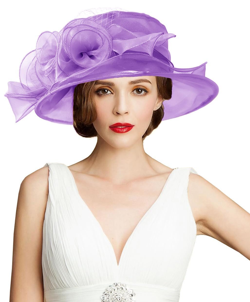 Bwecuy Sonnenhut Damenhut mit breiter Krempe, Blumen- und Blattdekor ideal für Hochzeit, Kirche und Tea Party