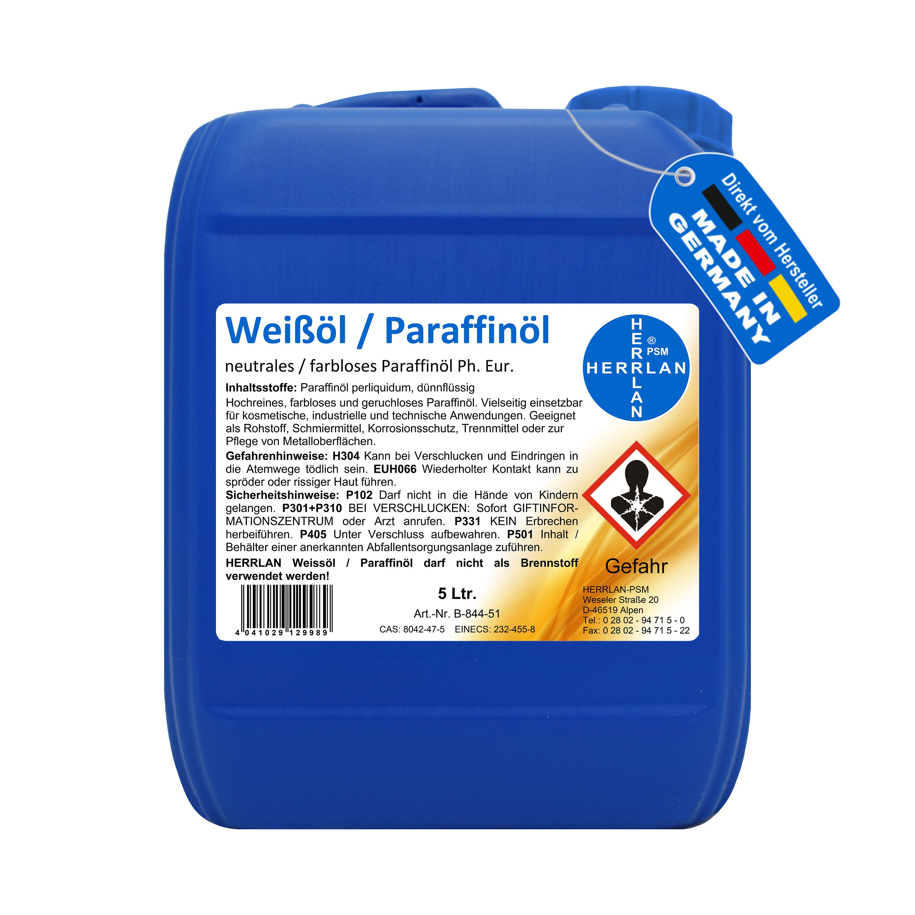 HERRLAN Multifunktionsöl Paraffinöl Paraffinum 1 Liter bis 10 Liter Weißöl (Ph. Eur), 5000 ml, (Weißöl (Ph. Eur), Hoch raffiniertes, neutrales, farbloses), dünnflüssiges & geruchfreies Mineralöl
