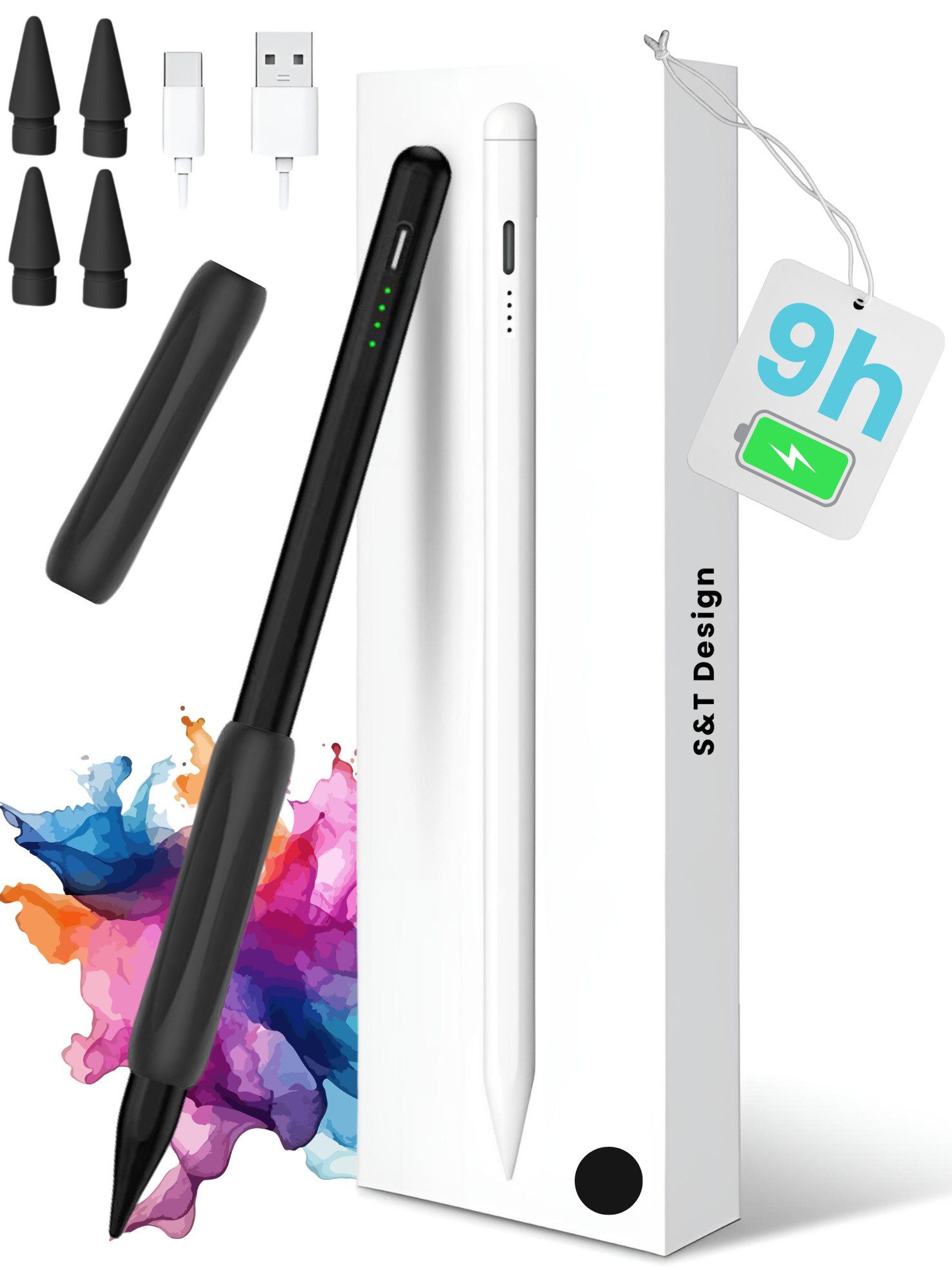 S&T Design Eingabestift Stift für iPad USB-C (2018-2026) Schnellladen für Apple iPads (2018-2026), 1-St., mit 4x iPad Stift Spitzen + Silikon Halterung) Tabletstift Stylus Pencil 2. Gen Pen USB-C Schnellladen Palm Rejection
