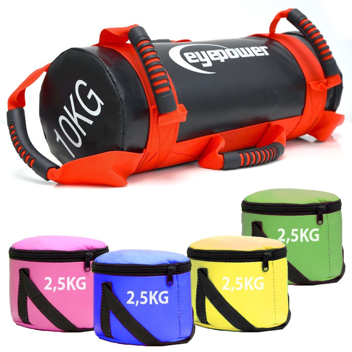 eyepower Gewichtssack 10kg Power Bag mit 4 Kettlebell Gewichten - 17x45 Sandsack Wasserdicht, Sandbag für Krafttraining, Functional Training und Ausdauer Workout