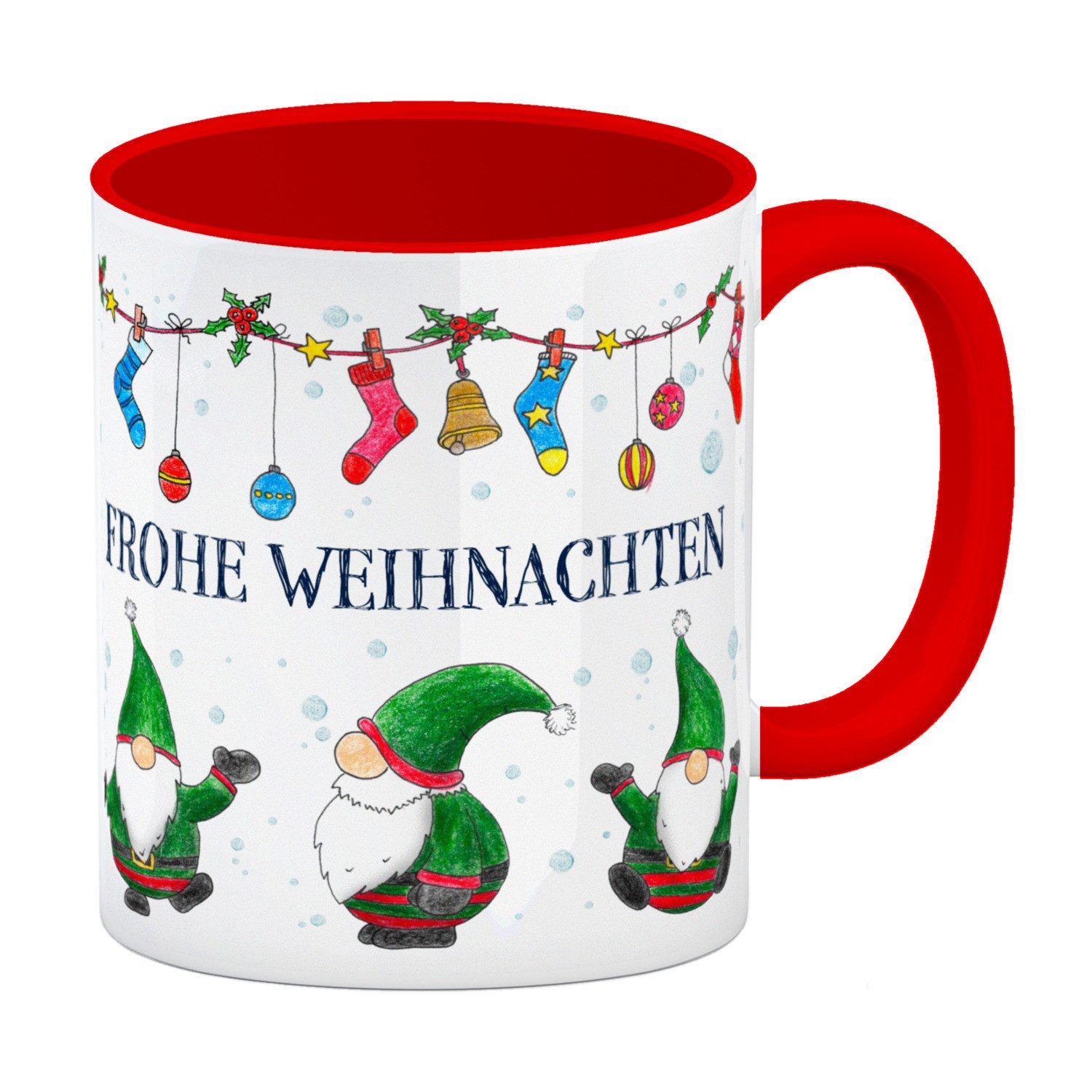 Tasse Frohe Weihnachten Kaffeebecher Henkel und Innenseite Rot mit Wichtel