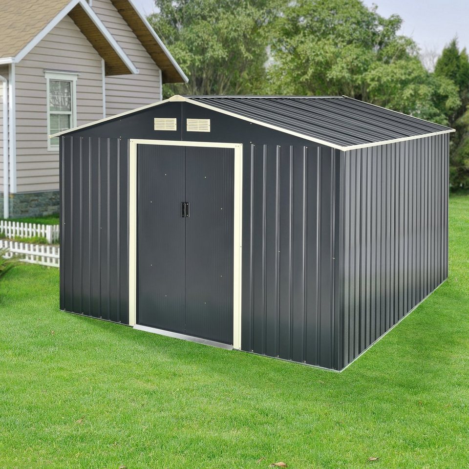 en casa gartenhaus bxt 277x319 cm gartenschuppen mit satteldach geratehaus inkl fundament metall 277x319x192cm dunkelgrau online kaufen otto