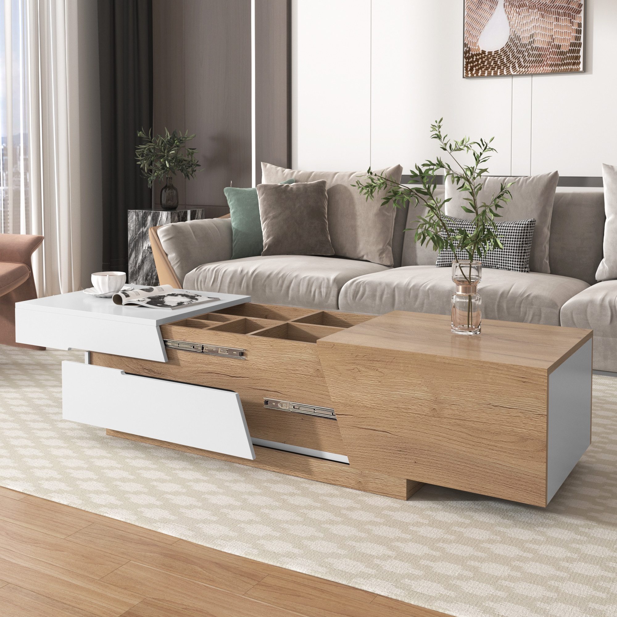 Sweiko Couchtisch Ausziehbarer Couchtisch, (Wohnzimmertisch mit Schubladen, 1-St., Beistelltisch mit Farbblockstruktur und verstecken Stauraum) – Bild 4 von 5