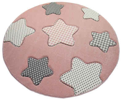 Kinderteppich Kinderteppich Sterne Kinderzimmerteppich Mädchen in rosa creme grau, Teppich-Traum, Rund, Höhe: 13 mm
