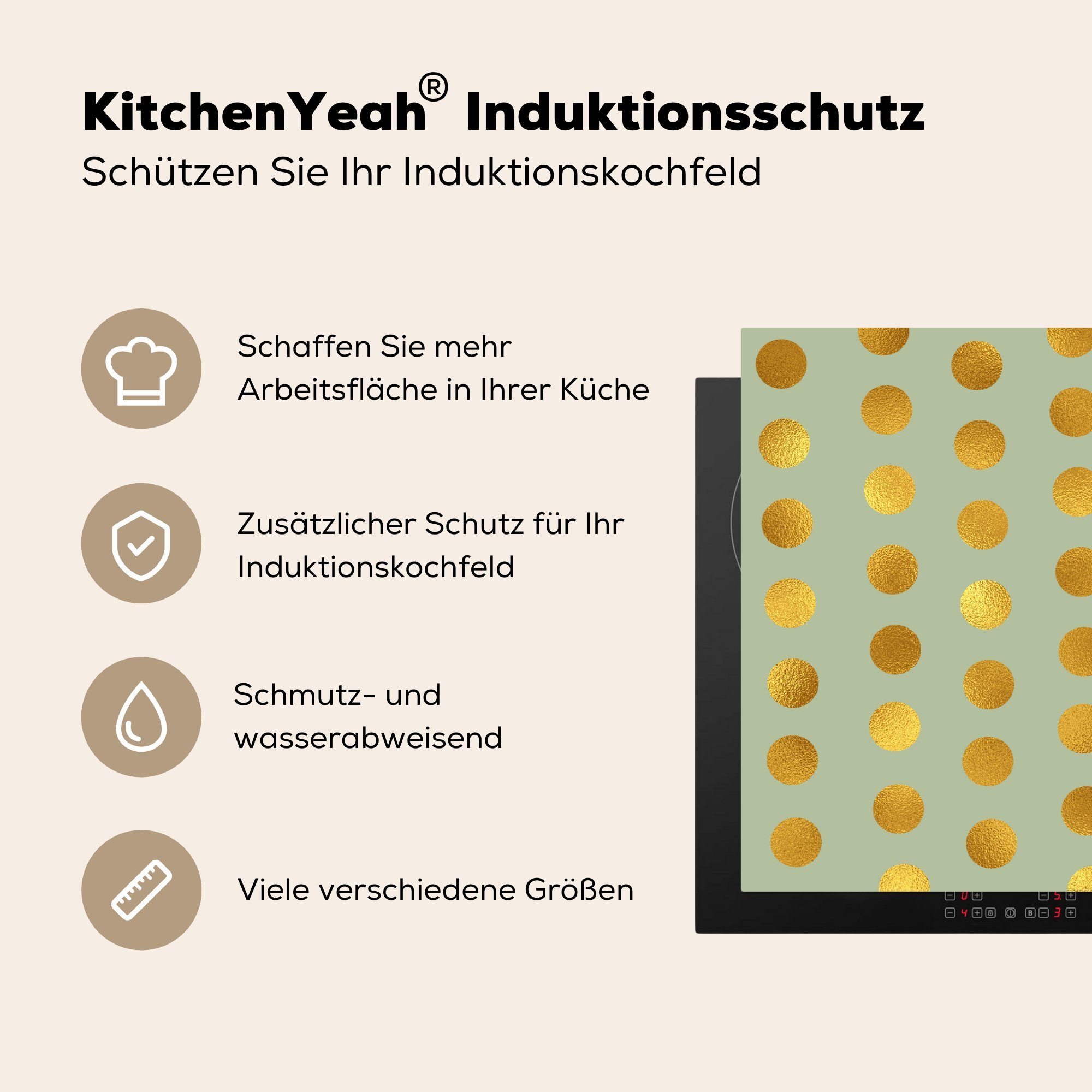 tlg), 81x52 Muster Gold Vinyl, MuchoWow Schutz - cm, Tupfen, Induktionskochfeld Herdblende-/Abdeckplatte Grün - Ceranfeldabdeckung (1 küche, für die -