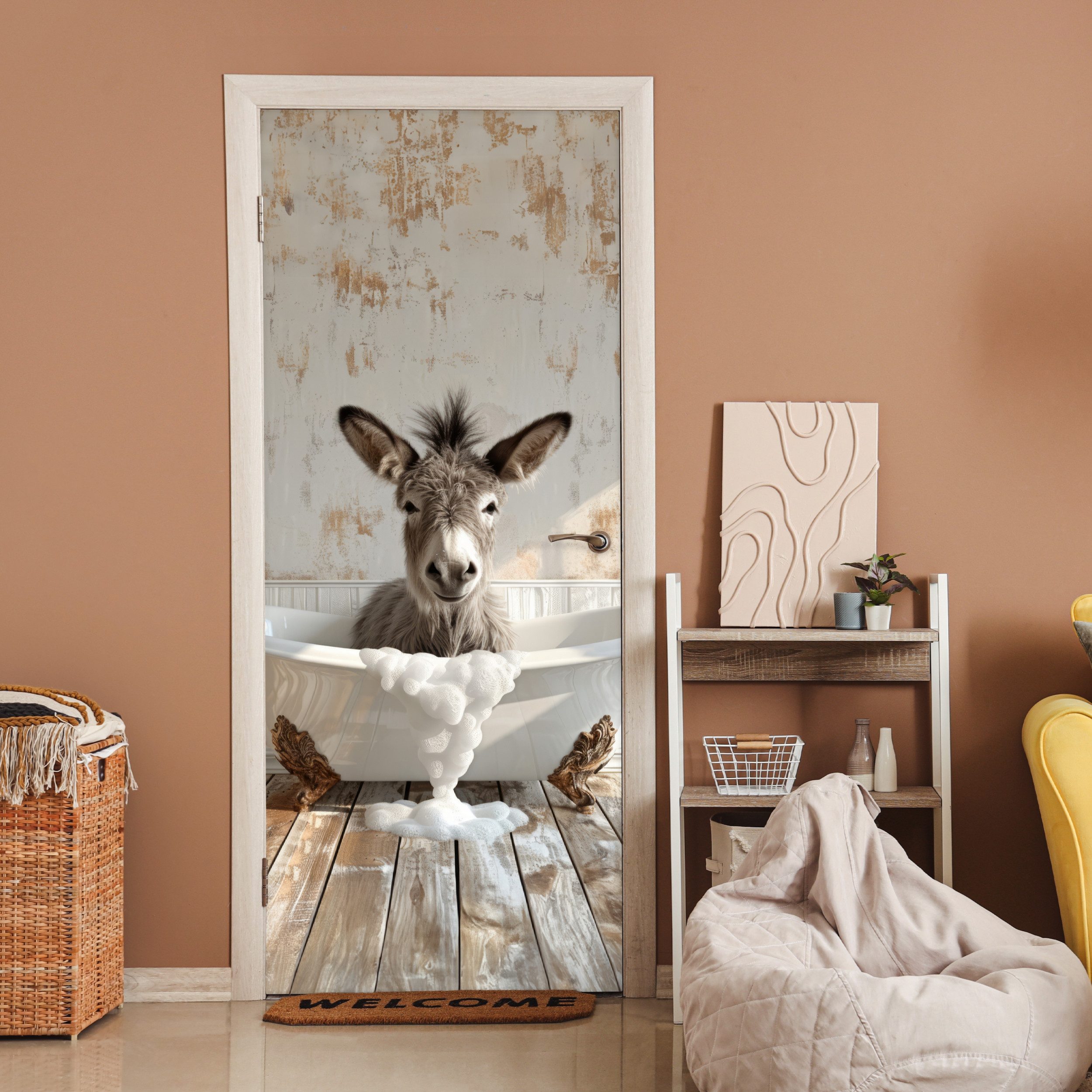 MuchoWow Türtapete Esel - Tier - Vintage - Badewanne, Matt, bedruckt, (1 St günstig online kaufen