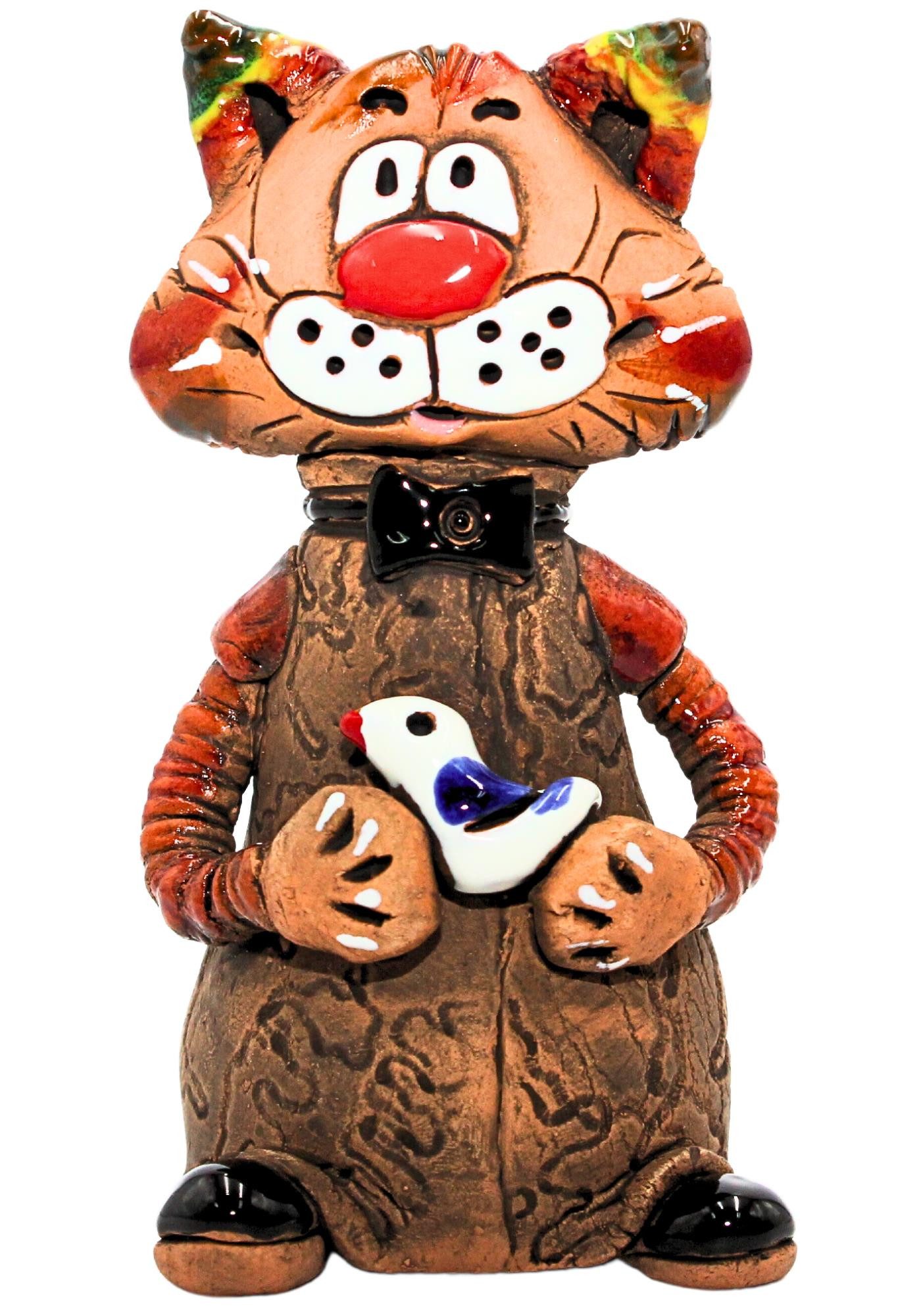 Dekohelden24 Räuchermännchen Handgemachte Keramik, Keramikkatze mit Vogel in der Hand, 14cm.