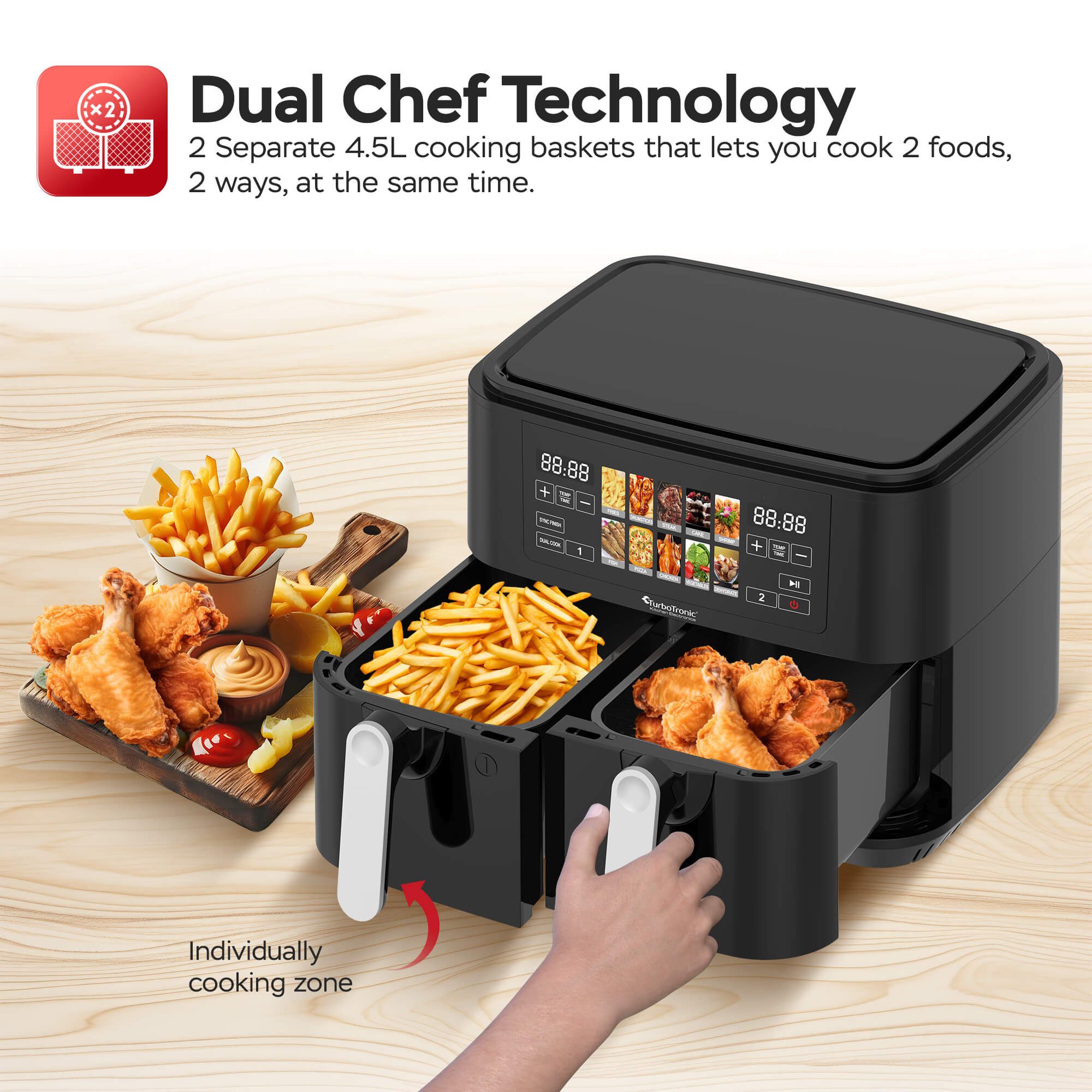 TurboTronic by Z-Line Heißluftfritteuse XXL Doppelkammer 12in1 Dual Airfryer 2x 0,5 kg 200°C Power Pizza Grill, 2600 W, gesundes Kochen Touch-Steuerung Friteuse ohne Öl 2x Silikoneinlagen