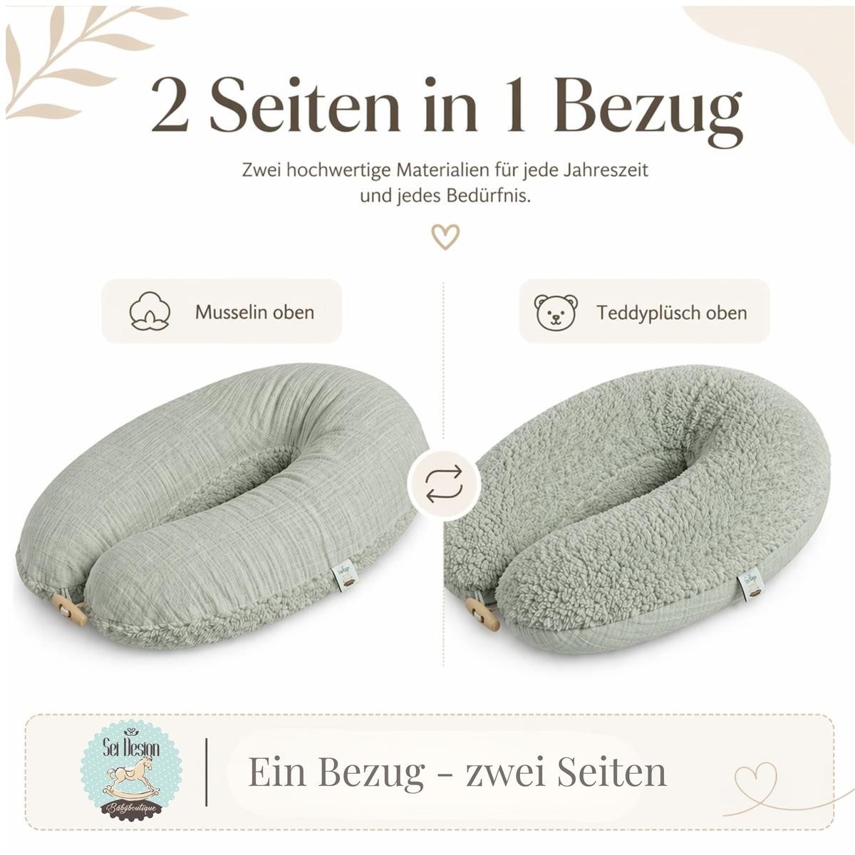 SEI Design Stillkissen XXL 190x35 cm Musselin EPS Mikroperlen Seitenschläferkissen GOTS Taupe, Schwangerschaftskissen mit Bezug, Schwangerschaftskissen mit Bezu – Bild 5 von 5