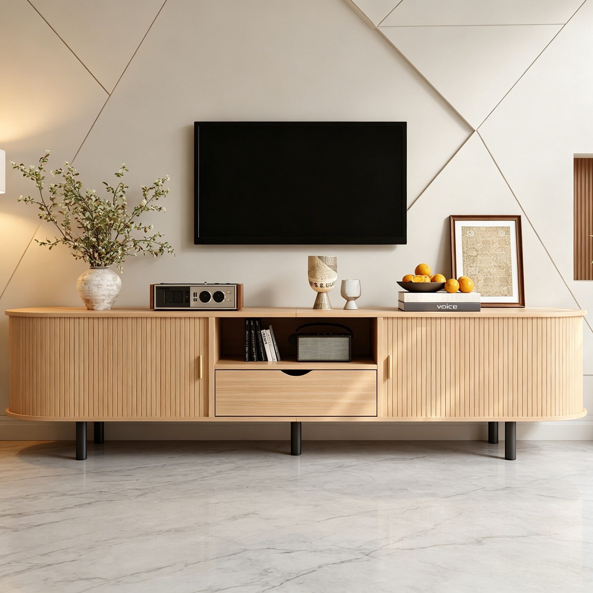 Merax Lowboard in Holzoptik, Fernsehtisch 175×40×55cm (1 St), TV-Schrank mit Rollo-Tür, Schublade & offenen Fächern