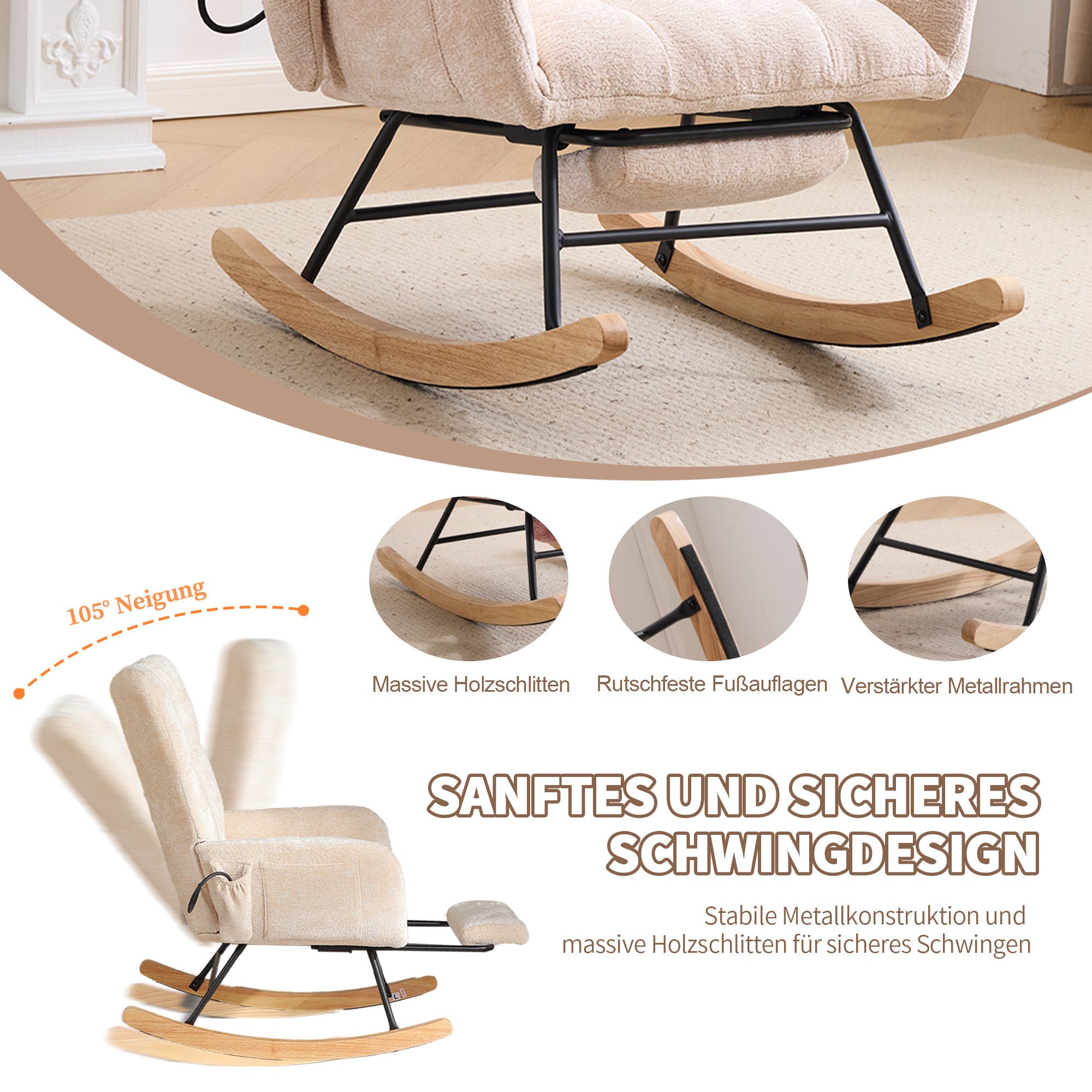 Vankel Schaukelstuhl Schaukelstuhl Wohnzimmer mit Fußstütze & Luftkissen-Rückenlehne, Chenille Relaxsessel mit Stauraum & Komfort Rückenlehne