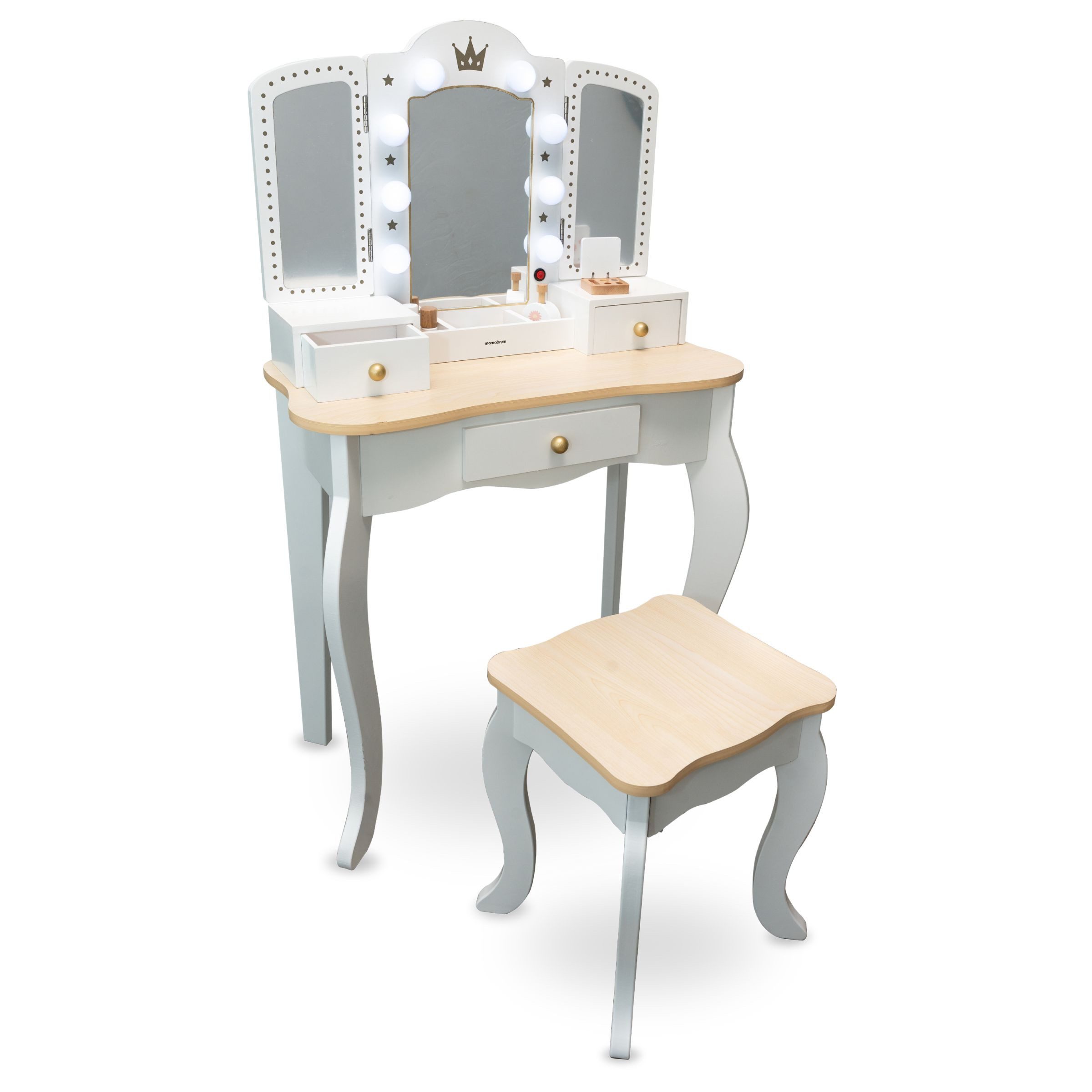 Mamabrum Schminktisch 2in1 Kinder-Schminktisch– LED-Licht, Spiegel & Stuhl, inkl. Zubehör