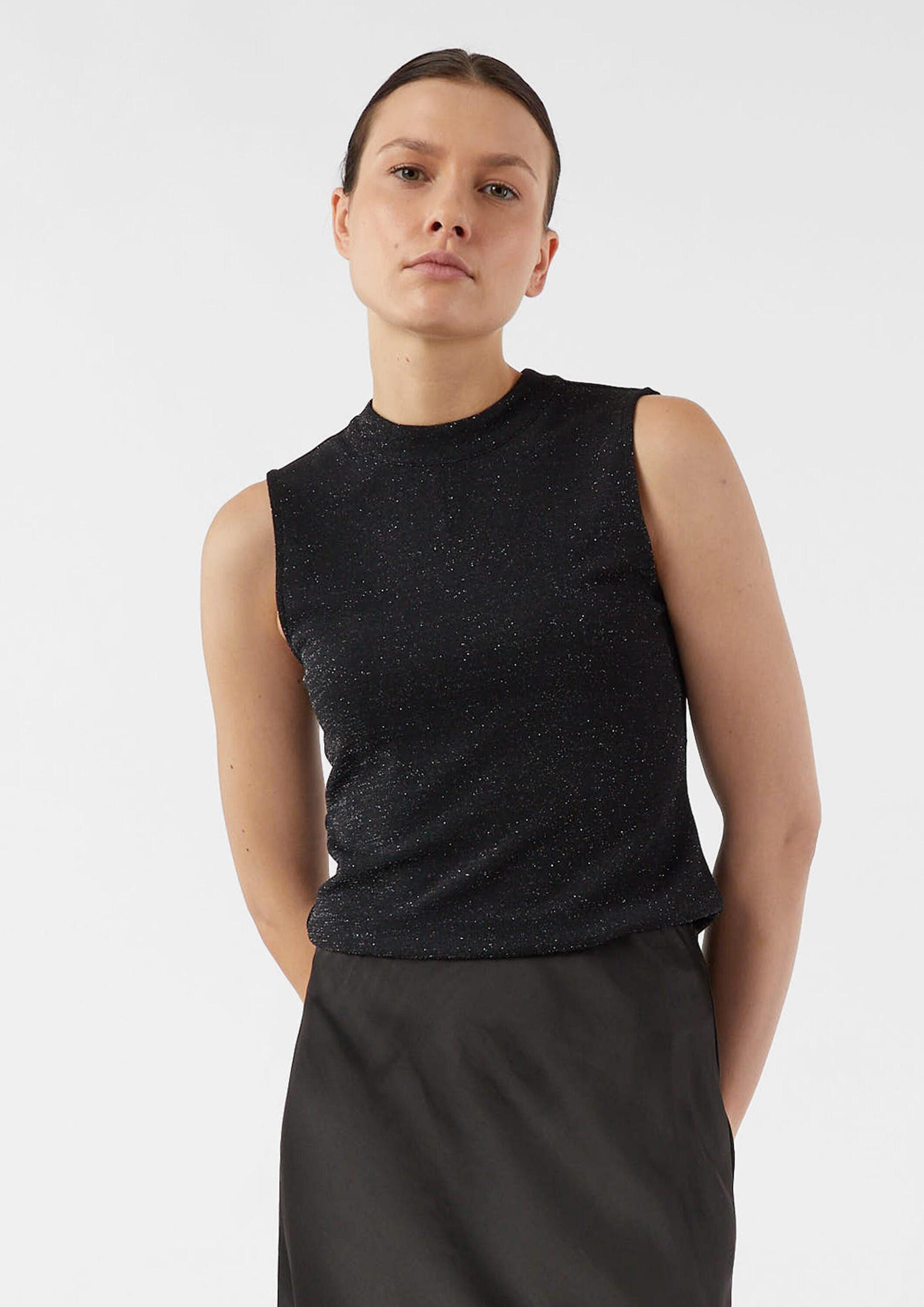 comma Muskelshirt T-Shirt Ärmelloses Jersey-Top mit Stehkragen und Glitzergarn
