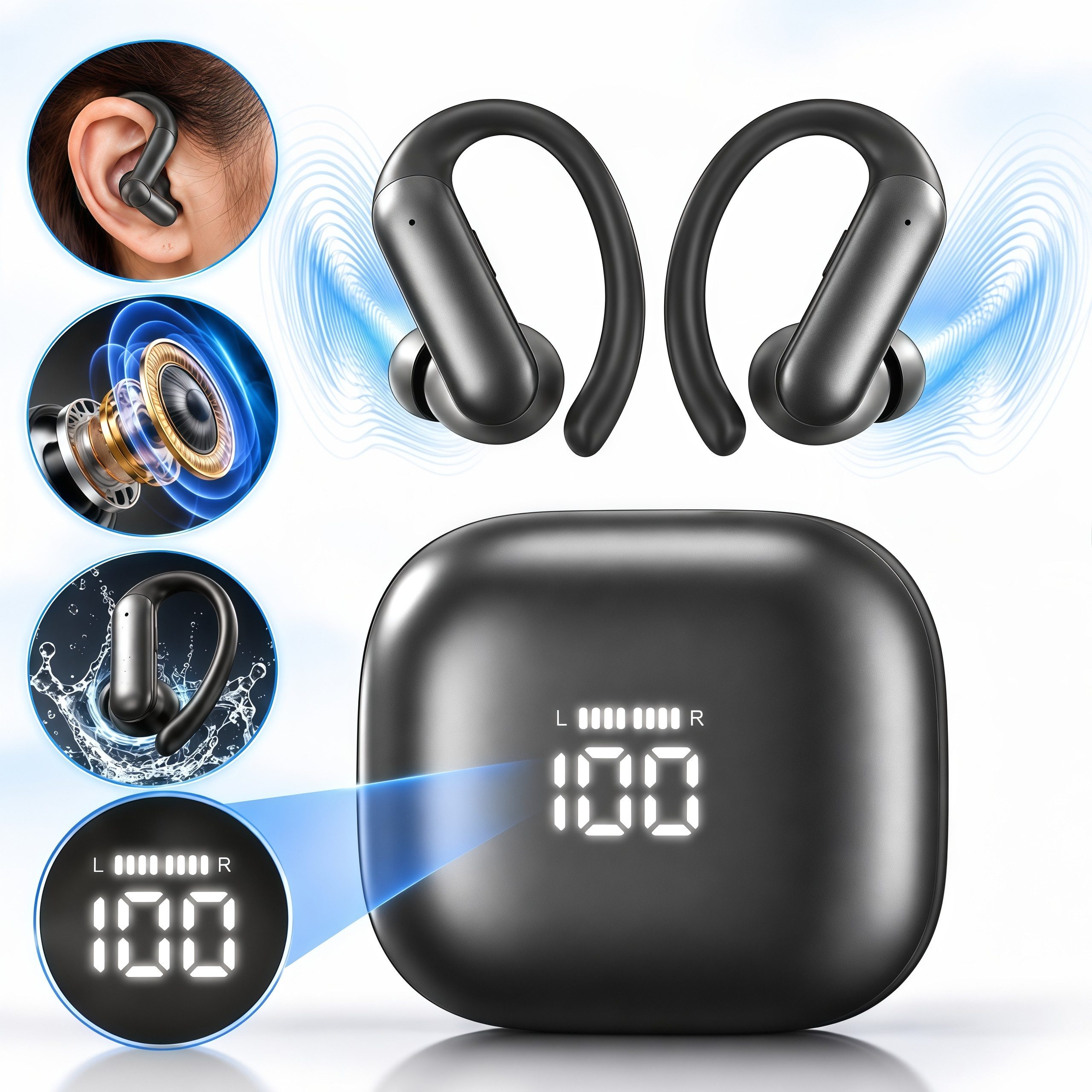 Forrlite 2026 Neue Bluetooth Kopfhörer Sport, in Ear Kopfhörer Kabellos In-Ear-Kopfhörer (Bluetooth 6.0 mit In-Ear-KopfhörerHD Mic, Herausragender Sound, 60 Std Spielzeit, Comfort Fit, Dual LED-Anzeige, IPX7 Wasserdicht Ohrhörer mit Ohrhaken,Kopfhörer, TWS In-Ear-Kopfhörer,In Ear Ohrhörer,Open Ear Kopfhörer)