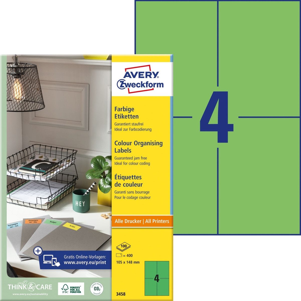 Avery Zweckform Etiketten Etiketten Inkjet/Laser/Kopier 105x48mm VE=400 Stück grün