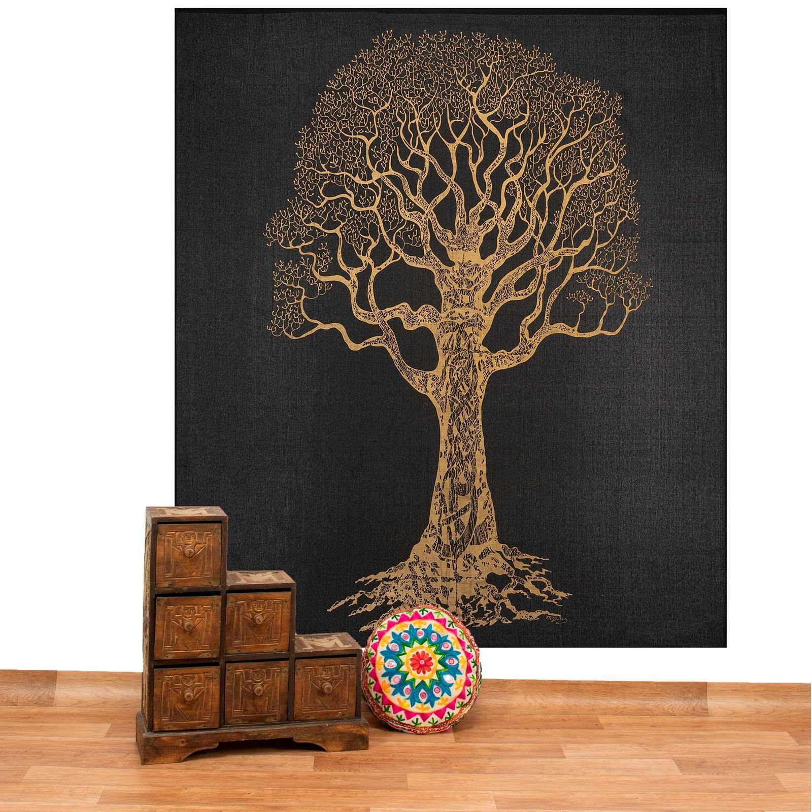 KUNST UND MAGIE Wandteppich Tagesdecke Wandbehang Deko Tuch Goldener Baum ca. 200 x 230cm XL