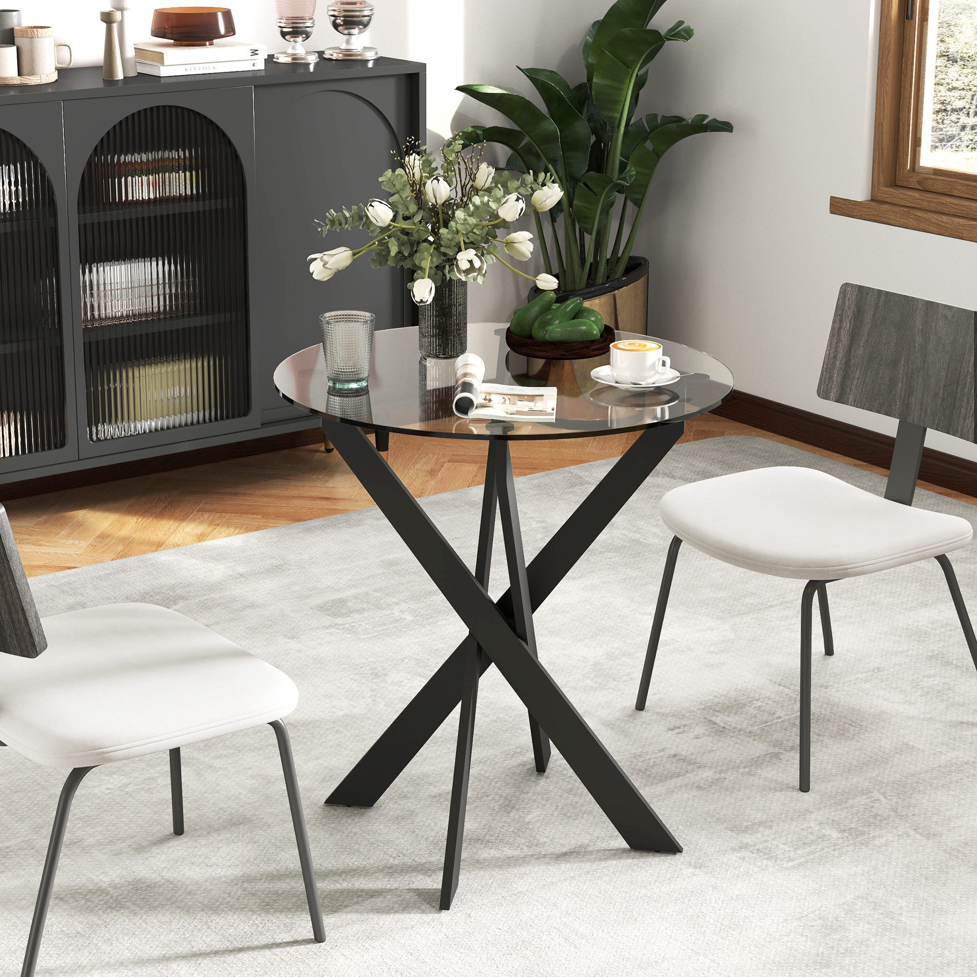 HOMCOM Esstisch rund, für 4 Personen, mit Stahlbeinen, Tischplatte aus Hartglas (Esszimmertisch, 1-St., Küchentisch), Ø70 x 75 cm, Modern Design, Schwarz+Transparent
