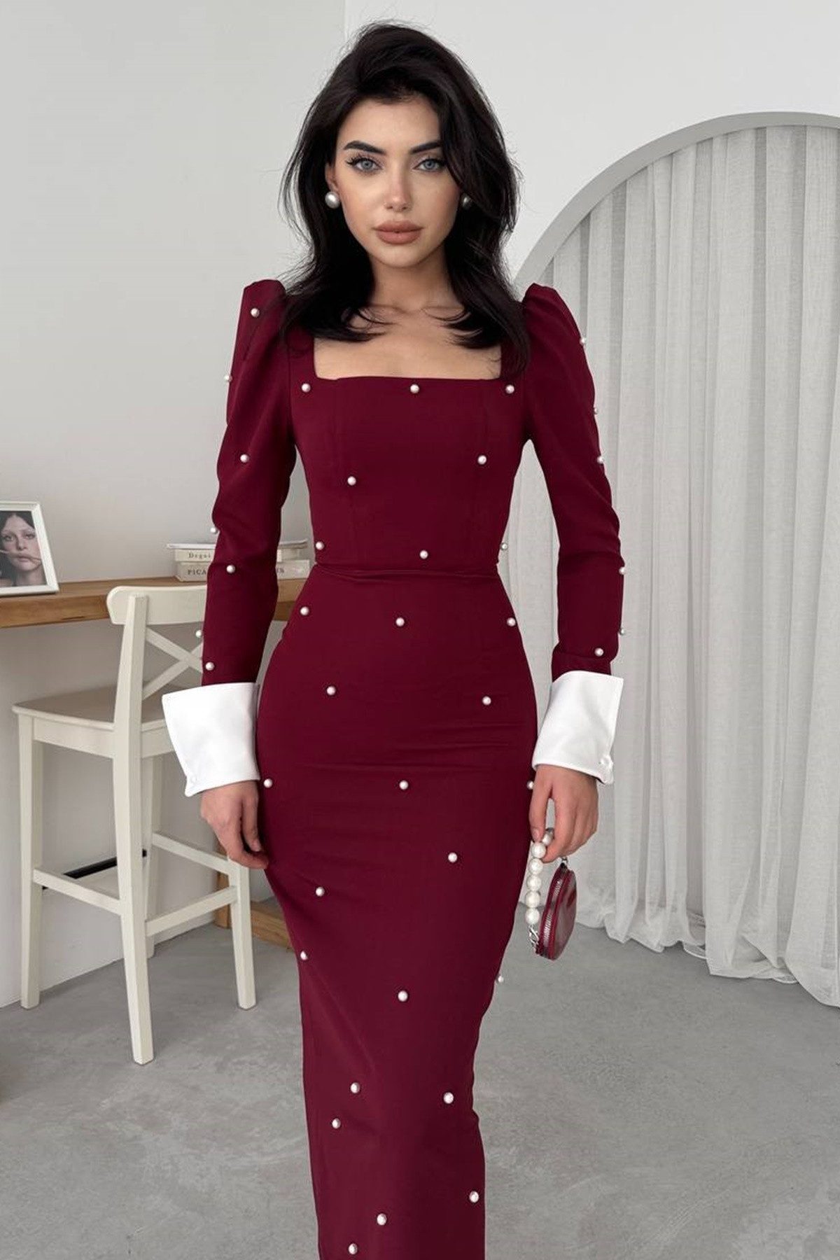 WOMAN VISION Minikleid Damen Schwarzes Midi-Kleid mit Inci Çakım Atlas Stoff, Quadratischer A