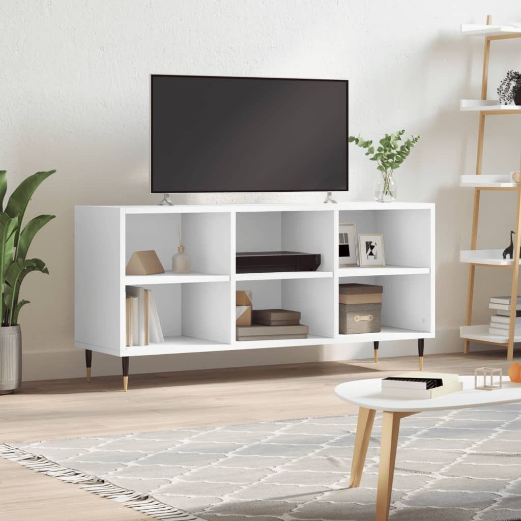 furnicato TV-Schrank Weiß 103,5 x 30 x 50 cm aus Holzwerkstoff und Eisen (1-St) Lowboard mit 6 Fächern, Wandhalterung und feuchtbeständiger Fläche