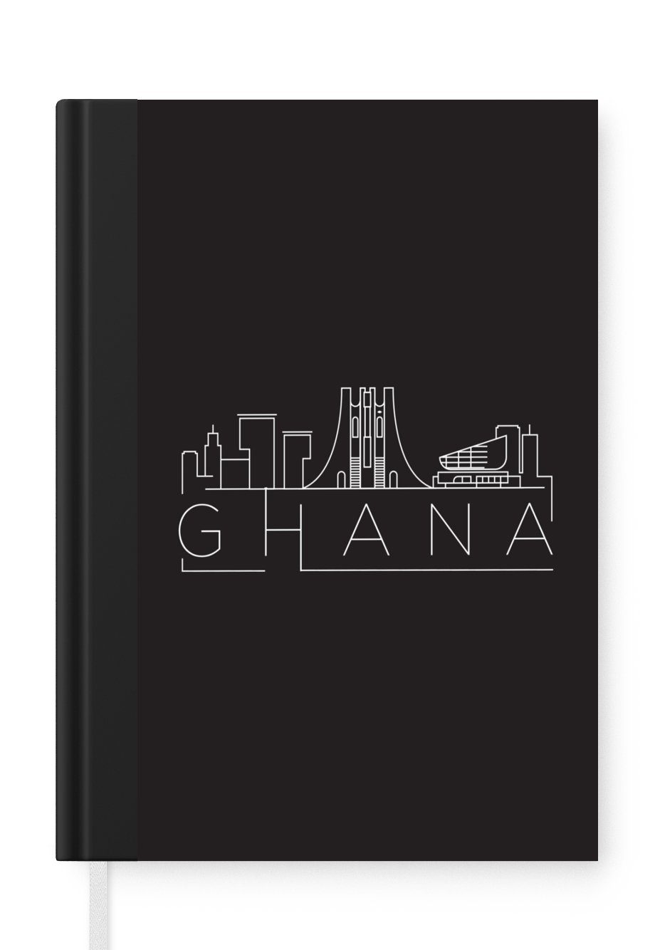 MuchoWow Notizbuch Skyline "Ghana" weiß auf schwarz, Journal, Merkzettel, Tagebuch, Notizheft, A5, 98 Seiten, Haushaltsbuch