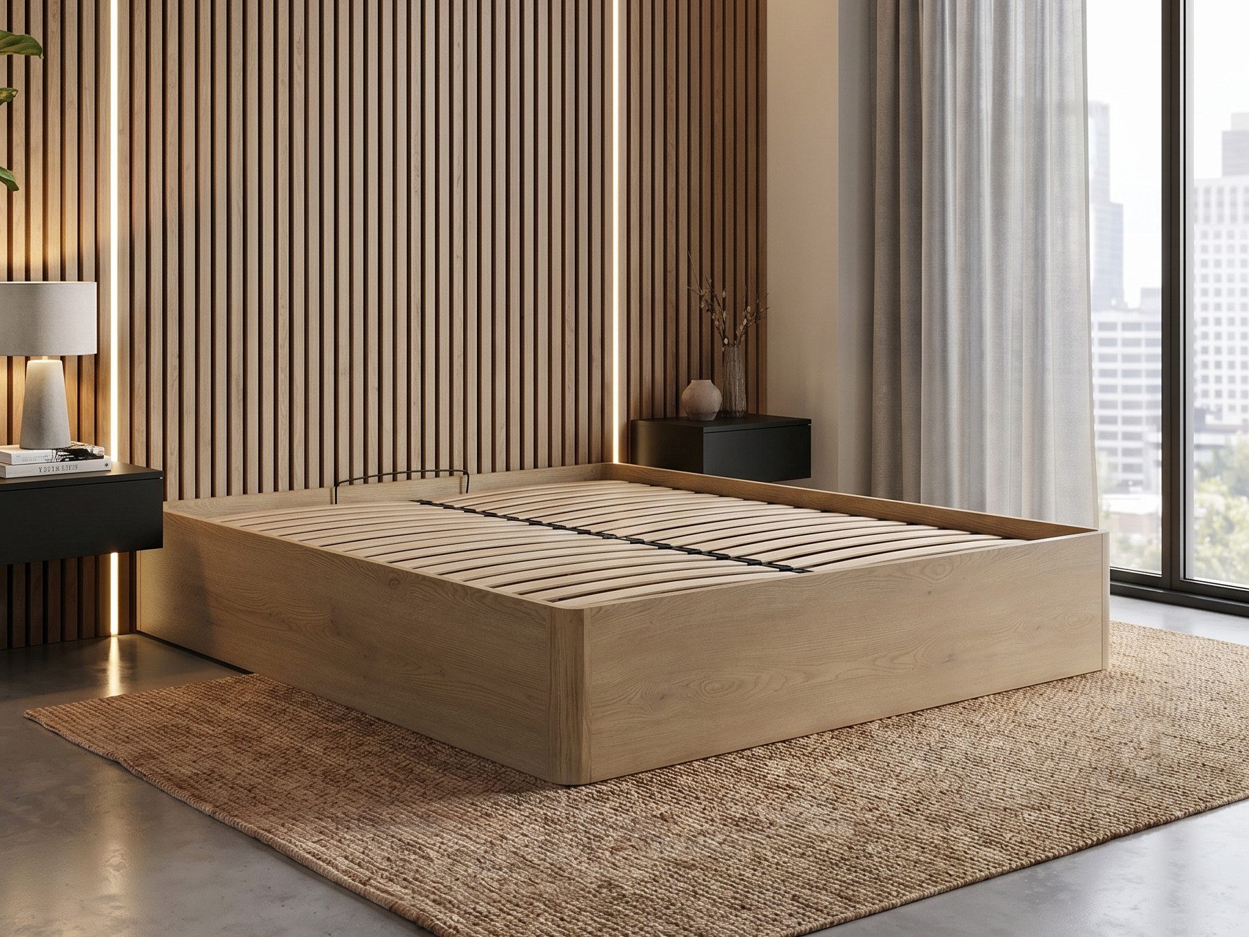Beautysofa Bett SARA mit Bettkasten, Metallrahmen und Gasdruckfedern (Erhältlich in 3 Breiten: 140, 160 oder 180 cm, Dekor Eiche Cremona, stabile 22 mm Möbelplatte), mit oder ohne Matratze