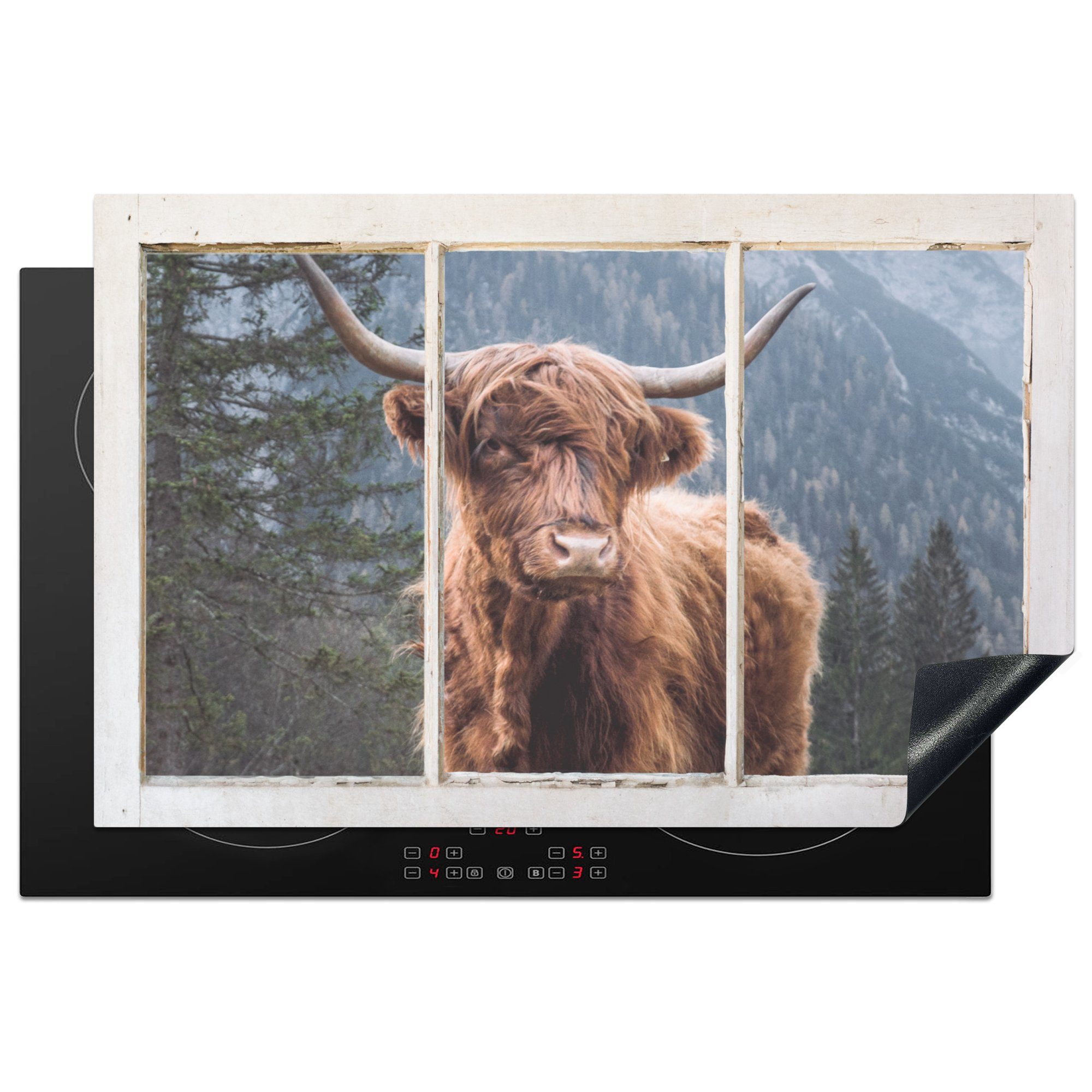 MuchoWow Herdblende-/Abdeckplatte Schottischer Highlander - Ansicht - Vista, Vinyl, (1 tlg), 81x52 cm, Induktionskochfeld Schutz für die küche, Ceranfeldabdeckung