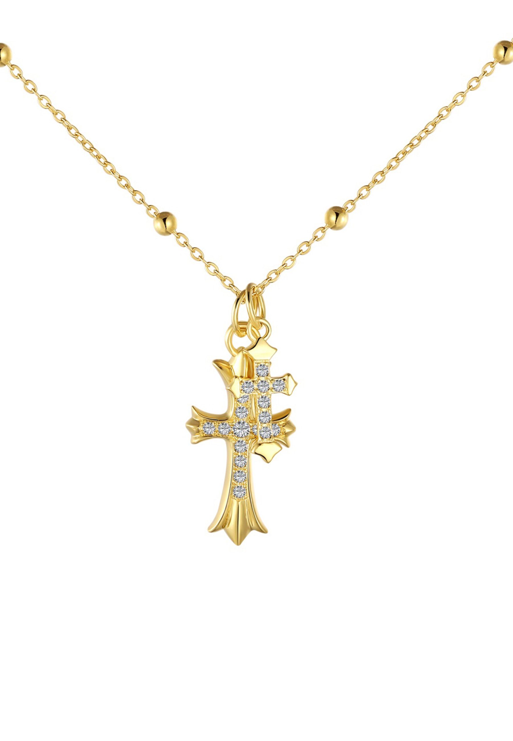 BRELLATO Kreuzkette Damen Halskette Kreuz-Anhänger, Gotik Symbol Kristall-Kreuze (Set Kugelkette mit 2 Kreuzen und Geschenk-Box-Verpackung, 3-tlg., Silber-Kette Kreuz-Collier, Geschenk Ostern Kommunion Firmung), Kreuz-Kette, Sterling Silber 925 18K Gelbgold, 5-A Zirconia