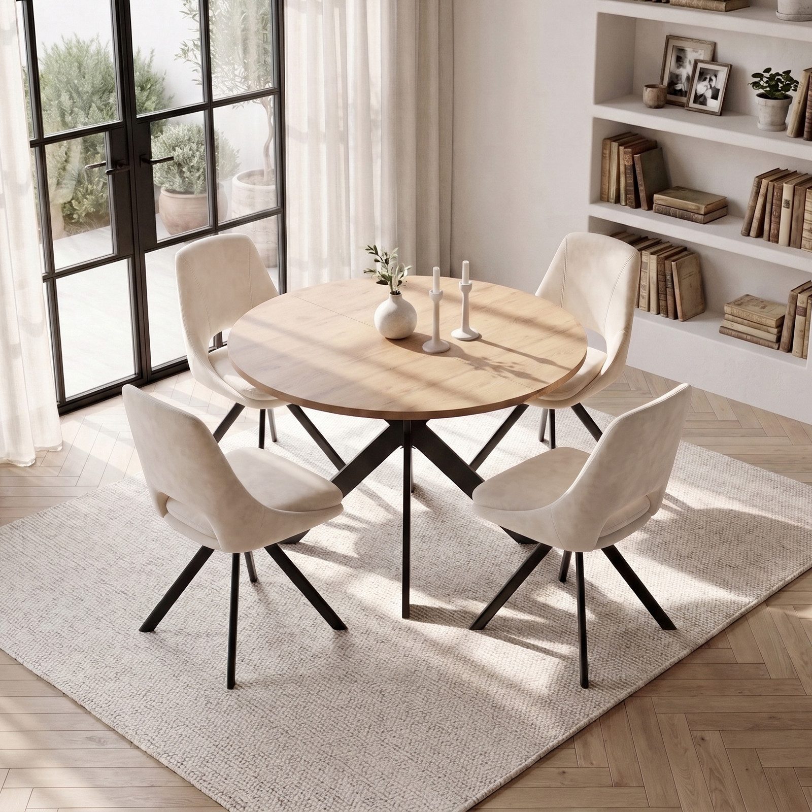 Jiexi Essgruppe Runder Esstisch 110cm MDF Set mit 4 Flanell Stühlen Kreuzgestell