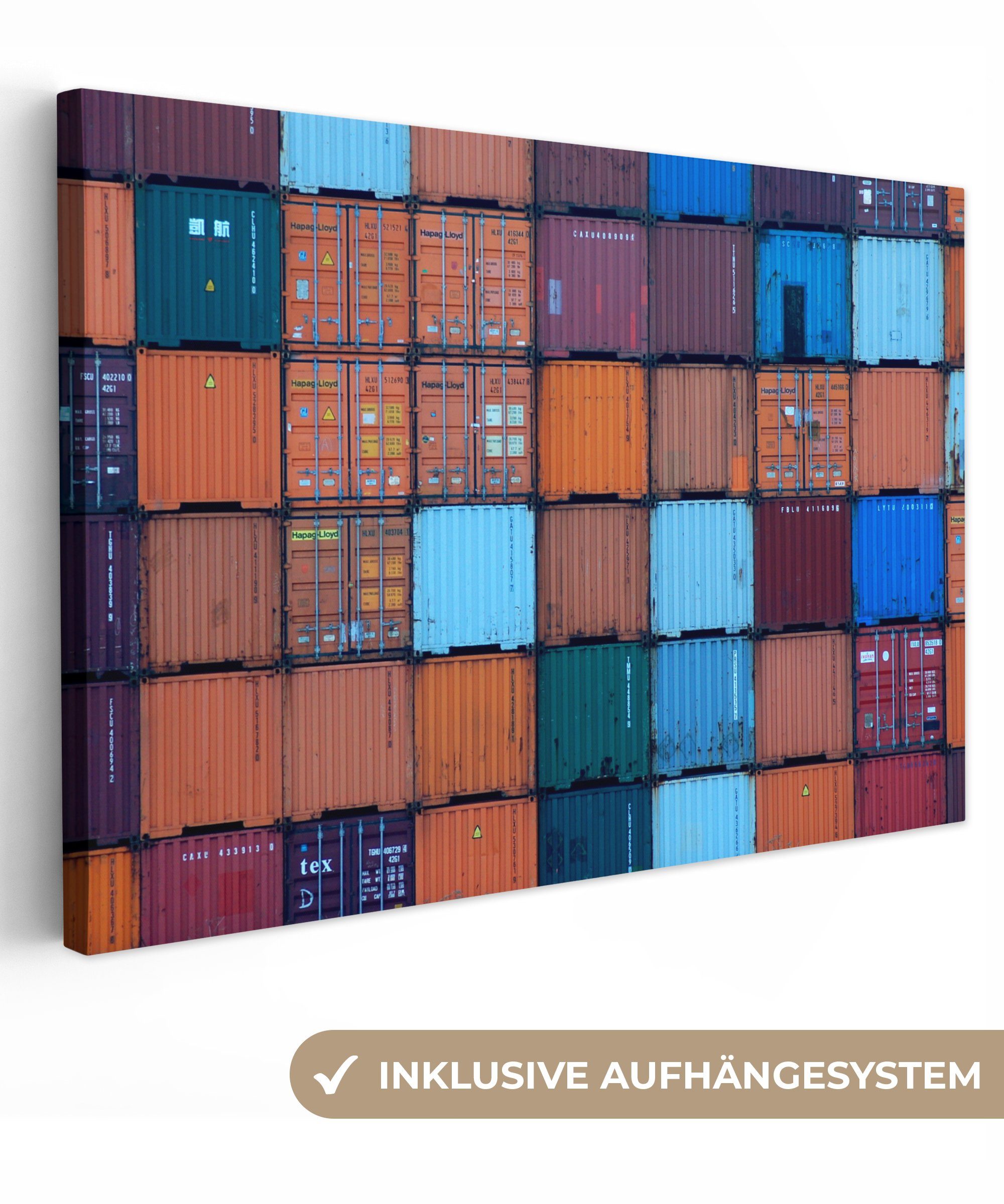 OneMillionCanvasses® Leinwandbild Farbige Container im Hafen von Rotterdam, (1 St), Wandbild Leinwandbilder, Aufhängefertig, Wanddeko, 30x20 cm | Leinwandbilder