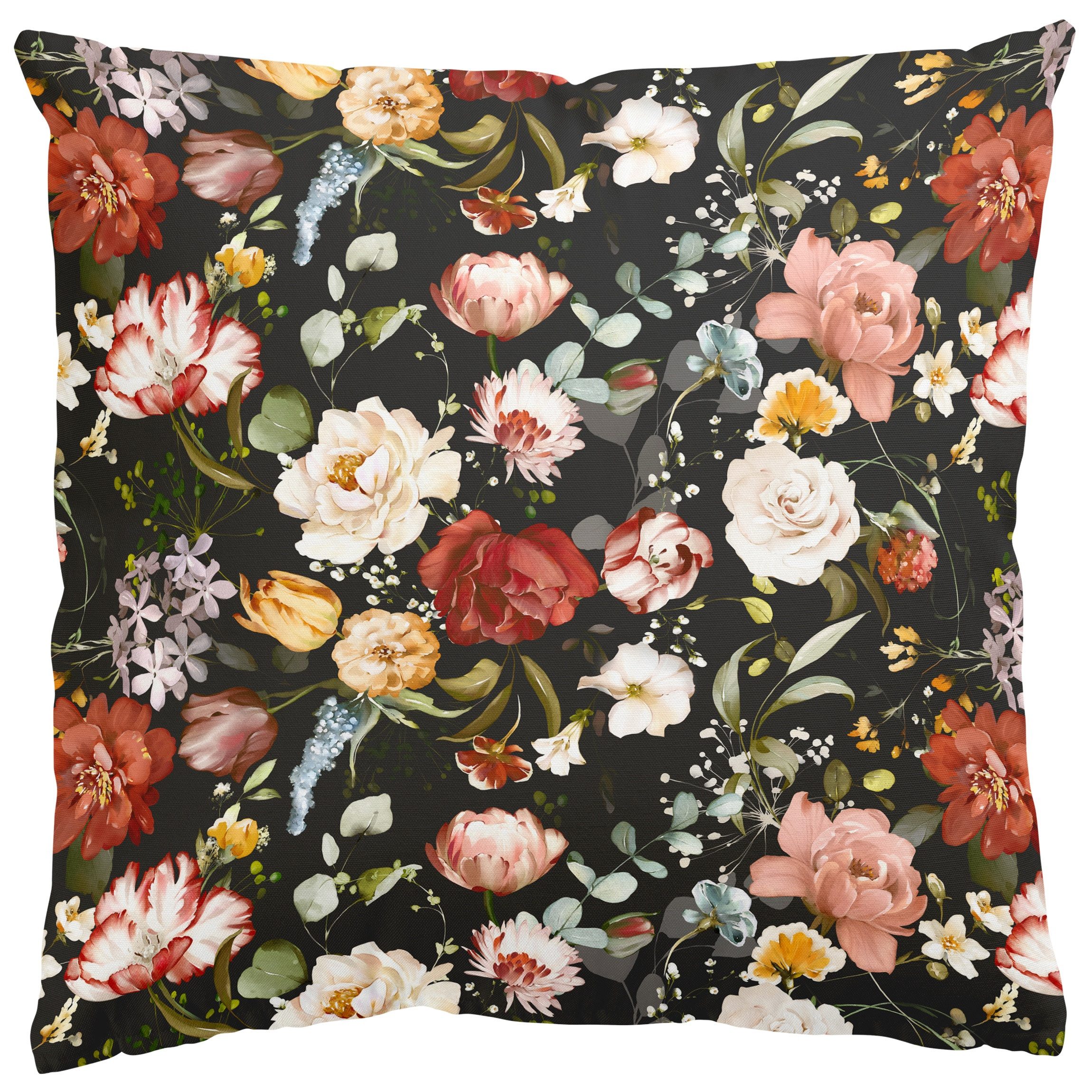 Bilderdepot24 Dekokissen drinnen / draußen Kissenhülle schwarz Blumen, Bezug Aquarell mit / ohne Füllung Zierkissen Outdoor Sofa Bett