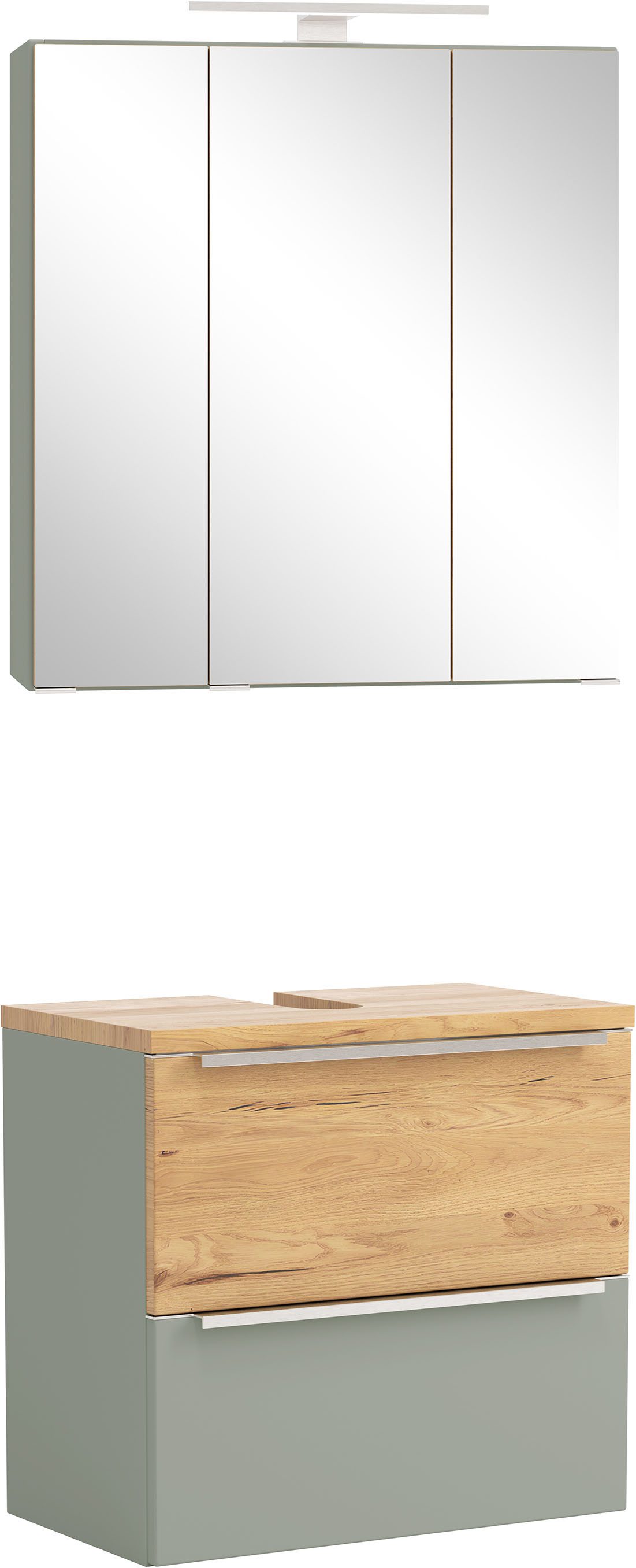 welltime Badmöbel-Set TRIENT, Set: Spiegelschrank und Unterbeckenschrank, (2-St., Maße (B/H/T): ca. 60/200/35 cm), schilfgrün/wildeiche, LED-Aufbauleuchte, 2tlg. Unterbecken-Set