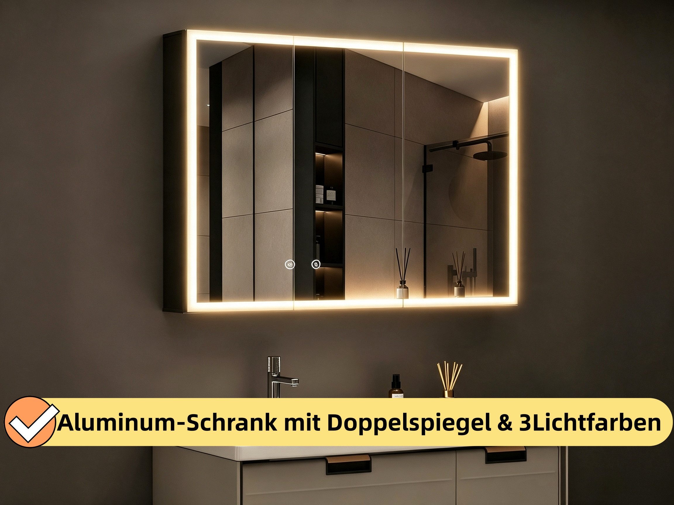 WDWRITTI Spiegelschrank Aluminum Badezimmerspiegelschrank 80cm breit mit LED Beleuchtung (Badschrank Schwarz matt 2-türig, 80x13,5x60cm) Doppelseitiger HD-Spiegel, Kaltweiß, Neutral, Warmweiß