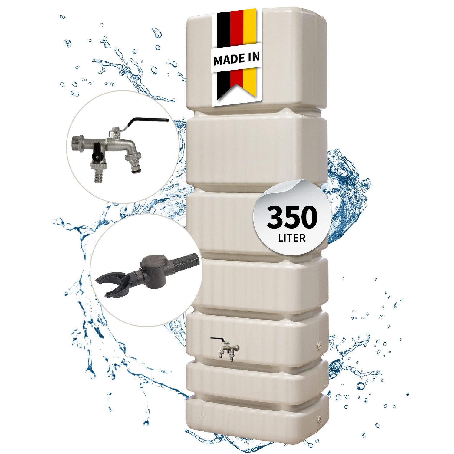 4rain Regentonne SLIM Regentonne Wandtank Komplett-Set 350 L, sandbeige, 350 l