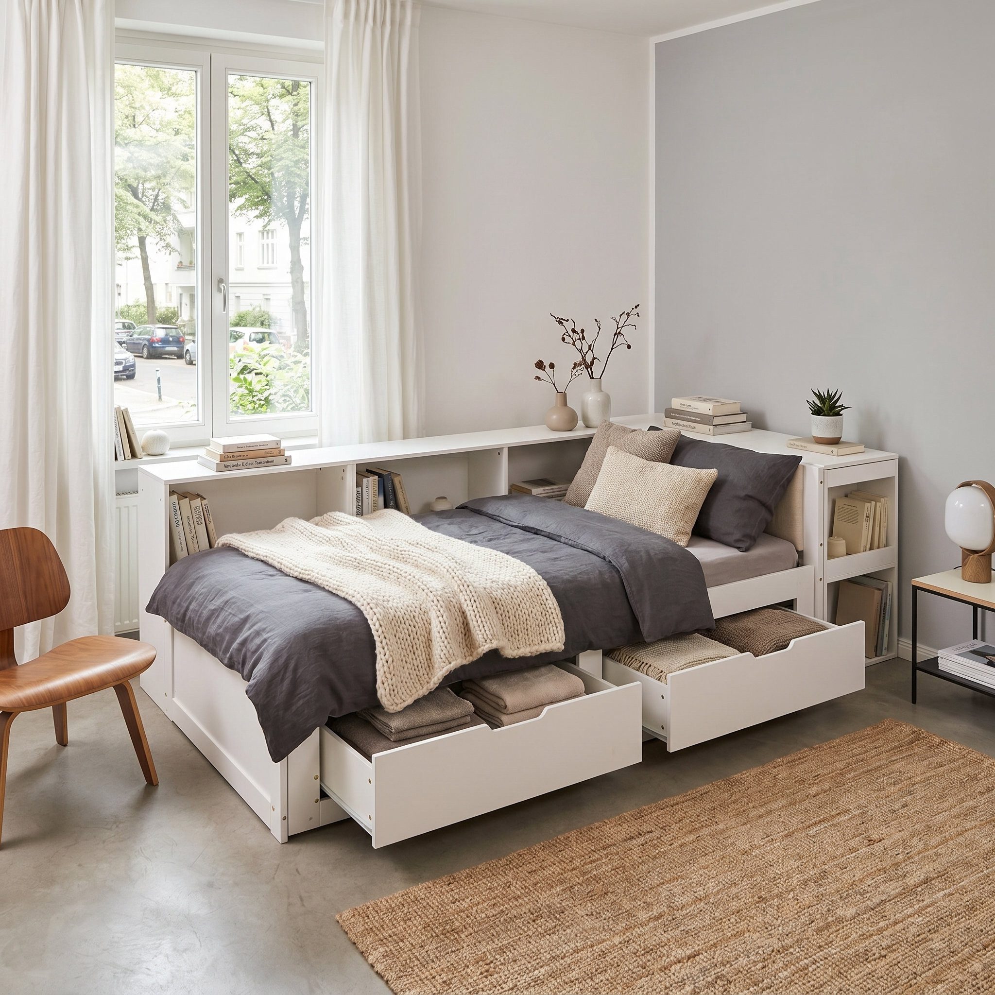 Odikalo Ausziehbett Ausziehbares Schlafsofa mit Desk EU Power Socket (90x200cm All-in-One-Bett mit 2 Unterbett-Schubladen und Lattenrost)