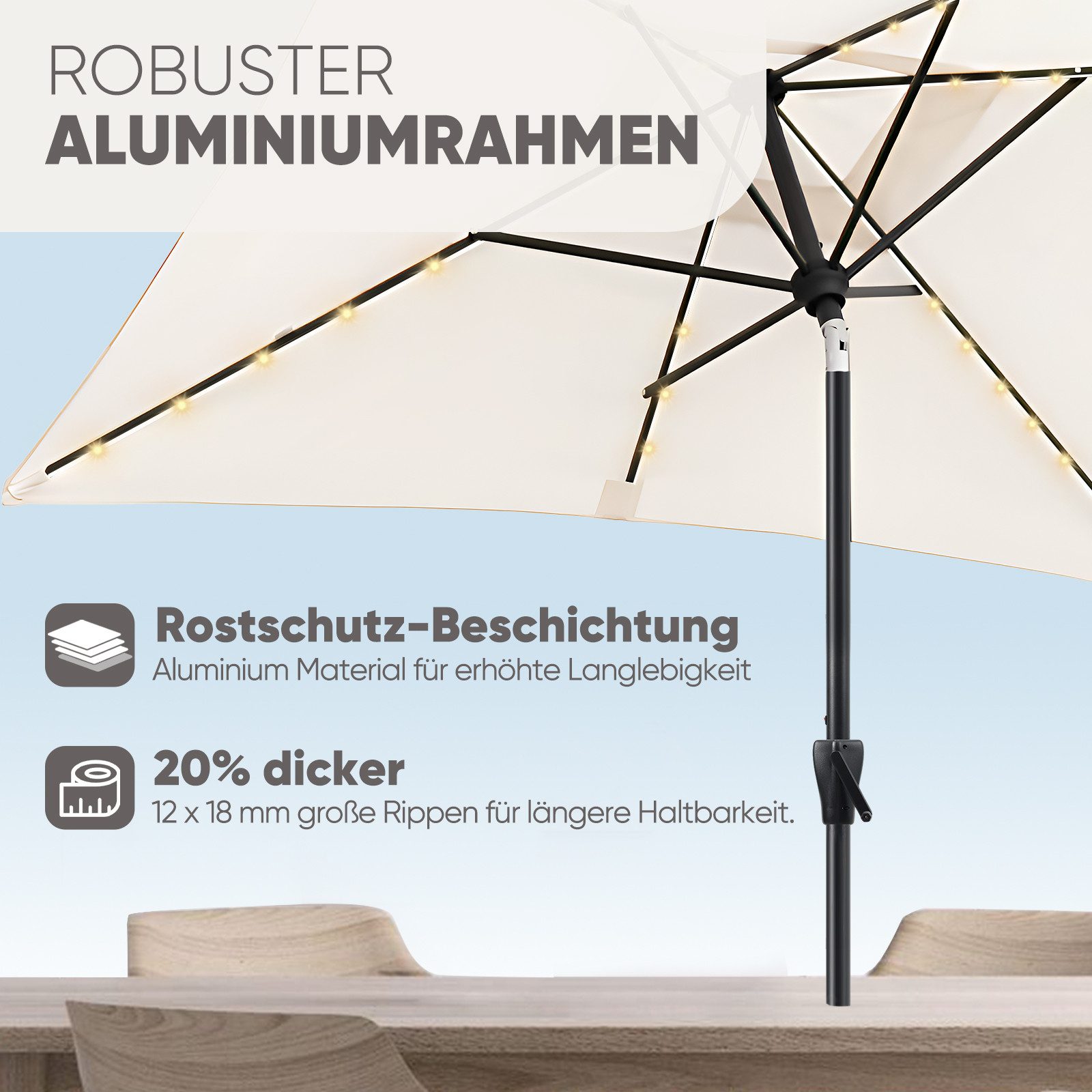 Sekey Sonnenschirm 210 x 140 cm Aluminum Sonnenschirm Rechteckig Marktschirm mit Kurbel, LxB: 210,00x140,00 cm, mit/ohne LED-Lichtern, Sonnenschutz UV50+, Gartenschirm Knickbar