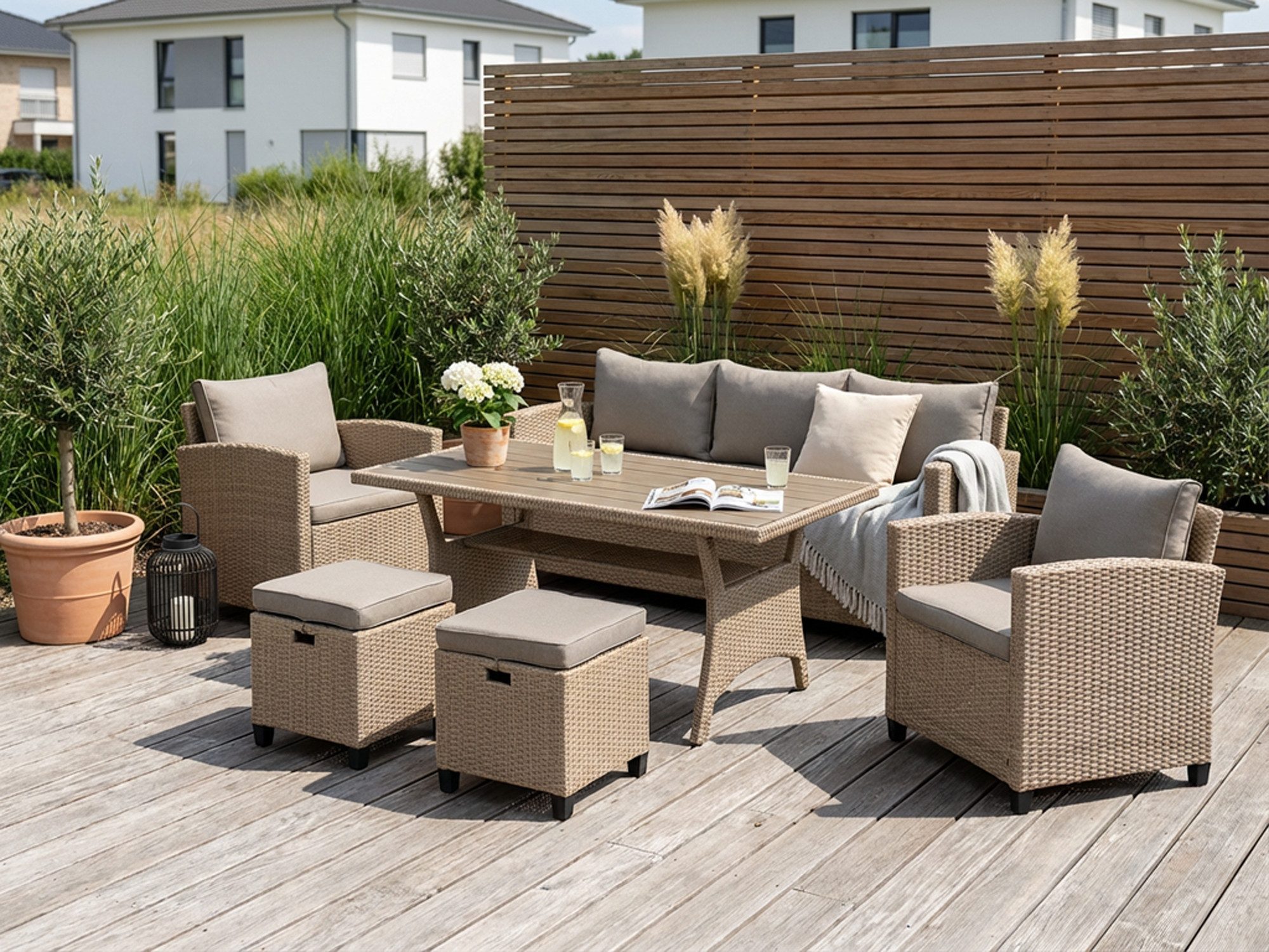 KONIFERA Gartenlounge-Set Amsterdam, (Set, 16-tlg., 1x 3er Sofa, 1x 2 Sessel, 2x Hocker, 1xTisch 144,5x74x67cm,Polyrattan), Stahl, Ablagefläche unter dem Tisch, Loungeset