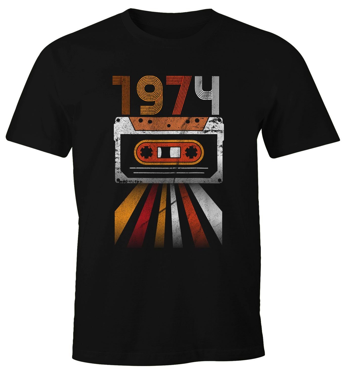 Retro Moonworks® schwarz Herren Print mit Siebziger Vintage Jahre 70er MoonWorks 1974 T-Shirt Print-Shirt Geburtstag Geschenk-Shirt