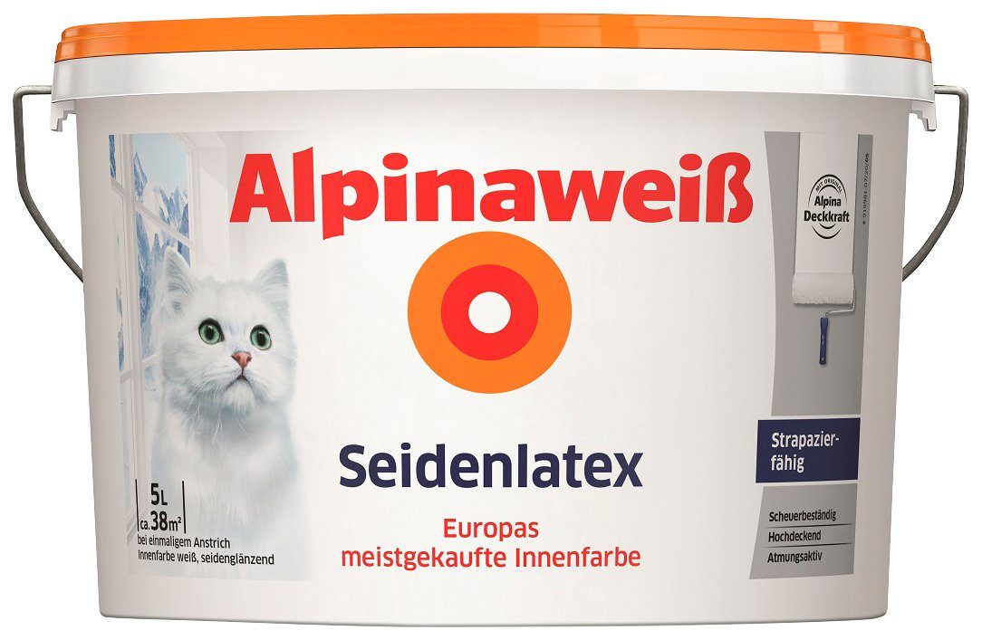 Seidenlatex, Deckenfarbe Alpinaweiß 5 seidenglänzend Alpina Liter Wand- und