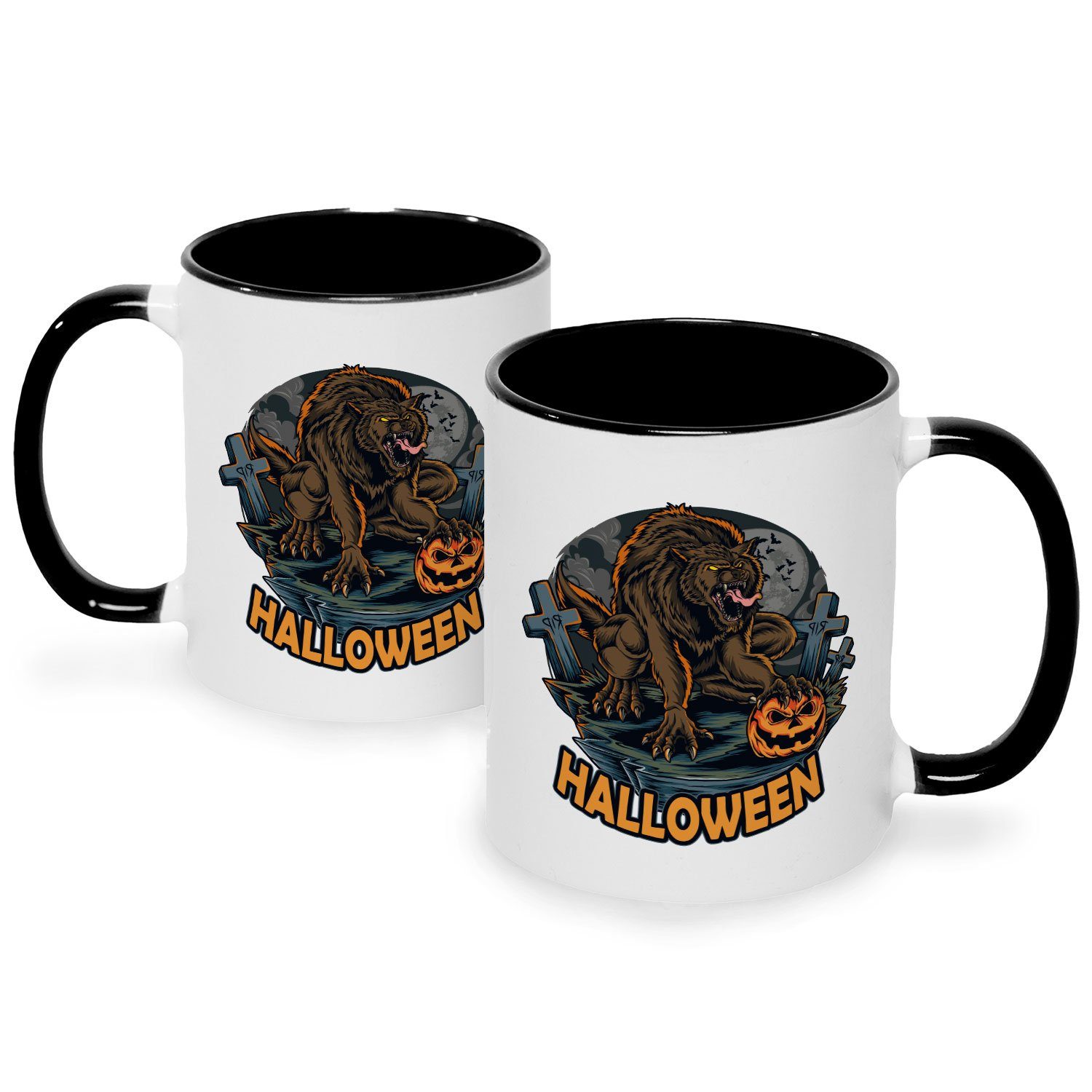 GRAVURZEILE Tasse zu - Design Weiß Schwarz Geschenke Werwolf mit Halloween - Motiv Schaurige