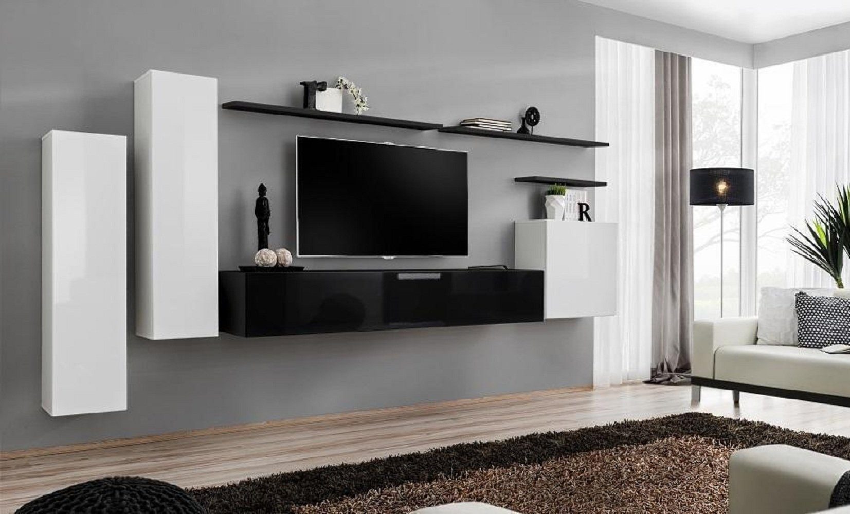 JVmoebel Wohnzimmer-Set Wohnwand Wandschrank Schrank TV-Ständer Sideboard Regal Wohnzimmer, (8-St., 1x Wohnwand + 1x TV Ständer + 3x Wandschrank + 3x Wandregal), Made in Europa