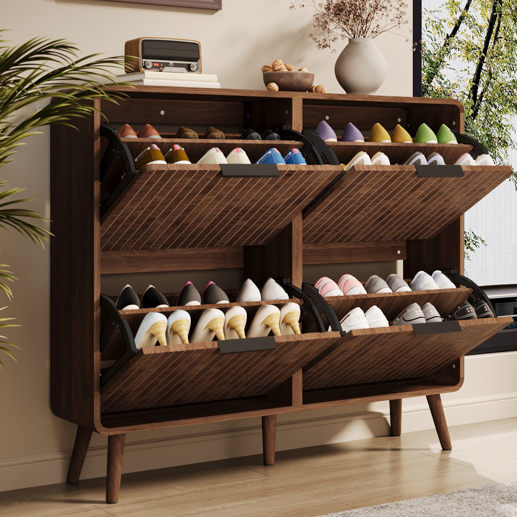 Merax Schuhschrank in Holzmaserung-Optik, Flurschrank mit Massivholzbeinen (105 x 24 x 90 cm, 1-St., Schuhregal für 18–24 Paar Schuhe) Schuhkommode mit Klapptüren, doppelstöckiges Design & Stauraum