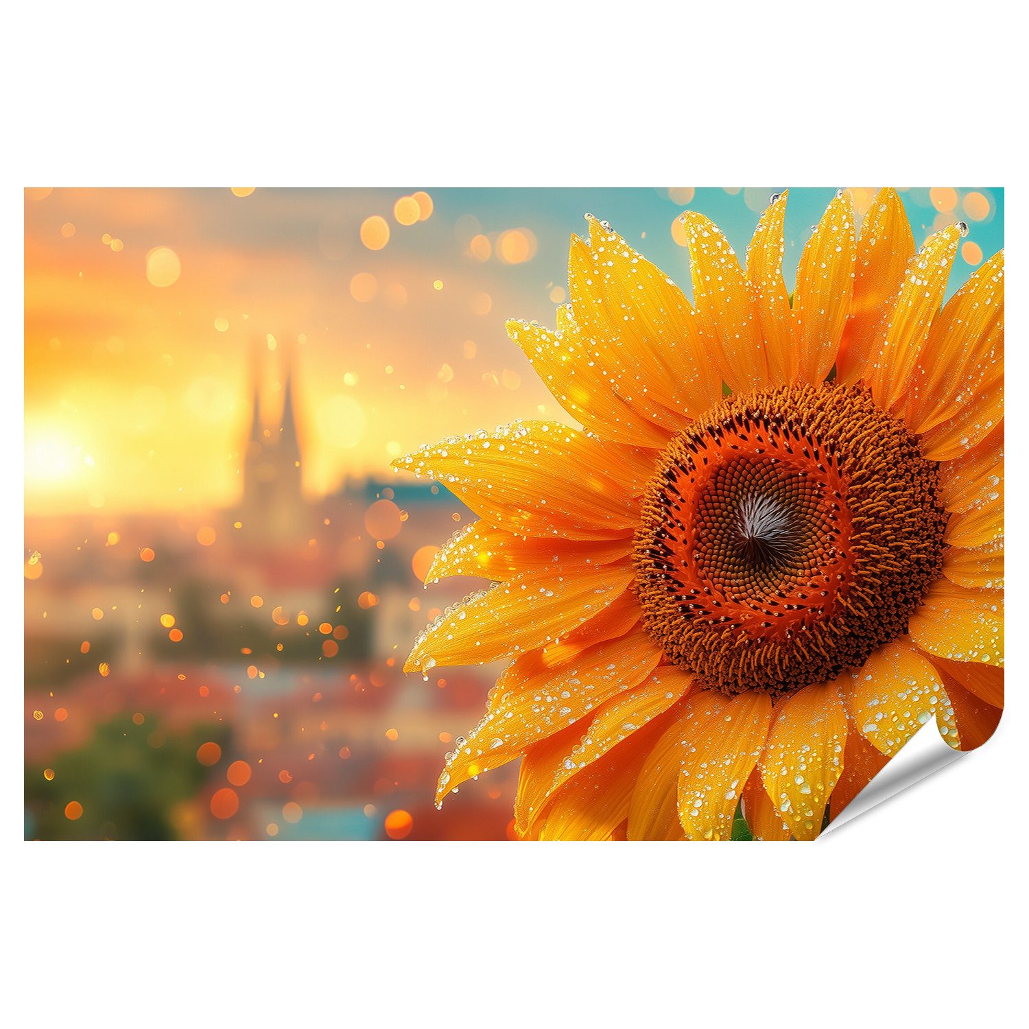 islandburner Poster, Sonnenblume bei Sonnenuntergang in der Stadt