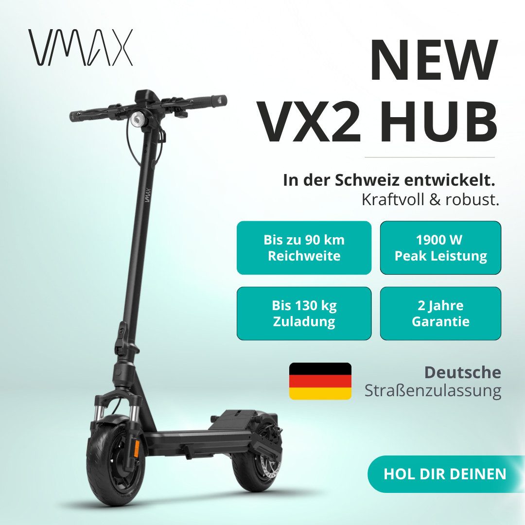 VMAX E-Scooter VX2 Hub E-Scooter, 90 km Reichweite, 500W, Straßenzulassung, 500 W, 20 km/h, 90 km Reichweite, Straßenzulassung, mit Blinkern, Vollgefedert