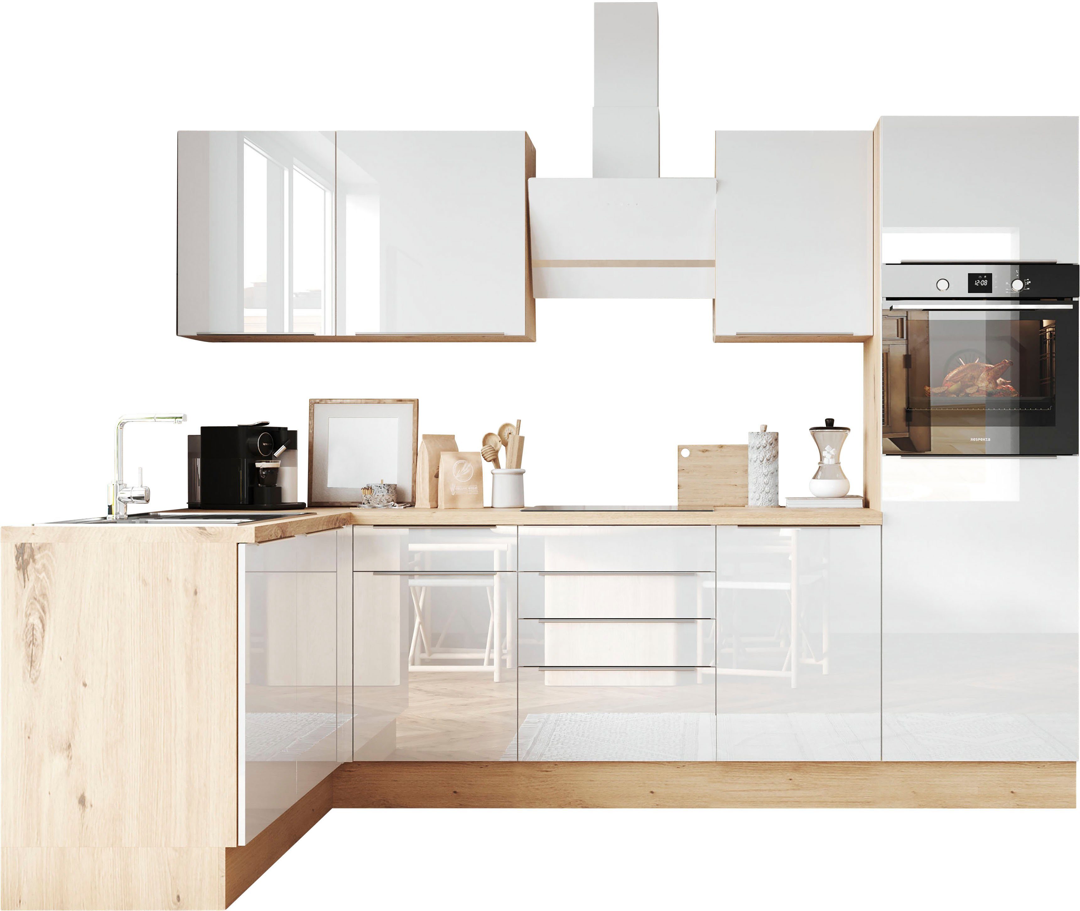 RESPEKTA Winkelküche Safado aus der Serie Marleen, Breite 280 cm, hochwertige Ausstattung wie Soft Close Funktion Weiß Hochglanz / Artisan Eiche