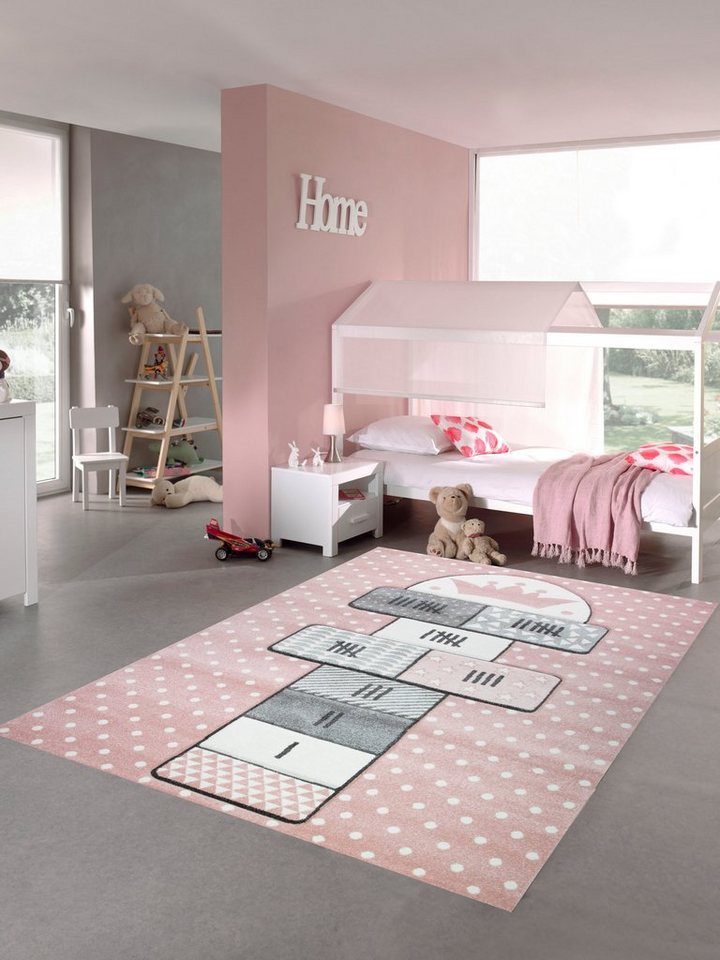 Kinderteppich Kinderteppich Hüpfspiel Teppich Hüpfkästchen in Rosa Grau  Creme, Teppich-Traum, rechteckig, Höhe: 13 mm