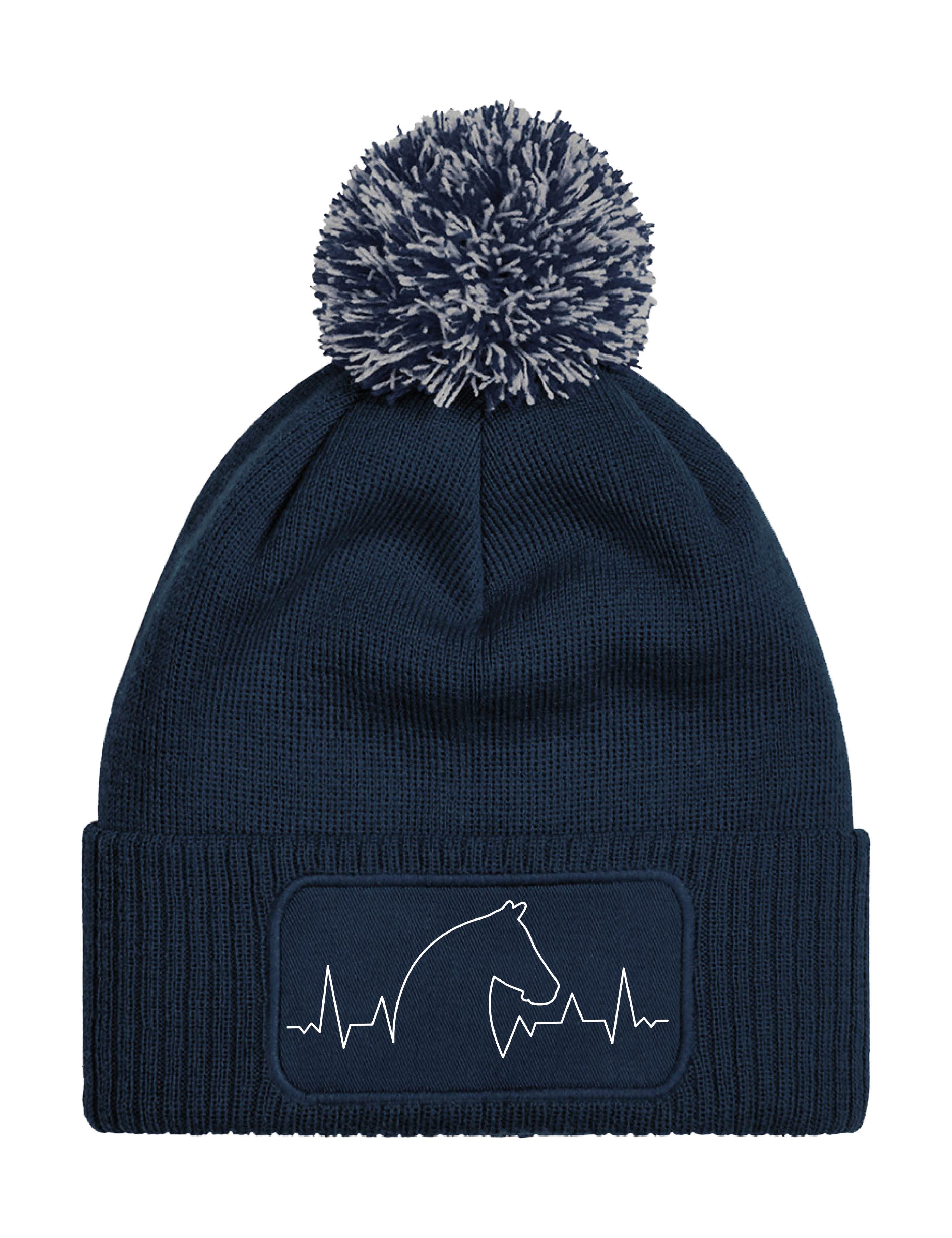 Youth Designz Beanie Unisex Strick Bommel Beanie Mütze mit Heartbeat Pferd Aufdruck mit trendigen Logo für Damen und Herren